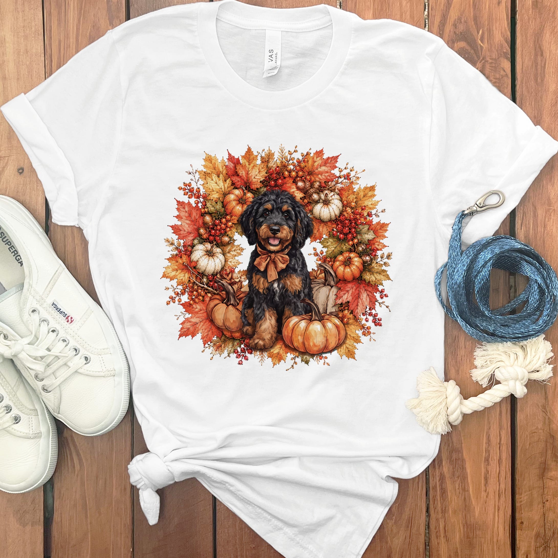Phantom Goldendoodle Fall Wreath T-Shirt in White / S by Puppy Jo