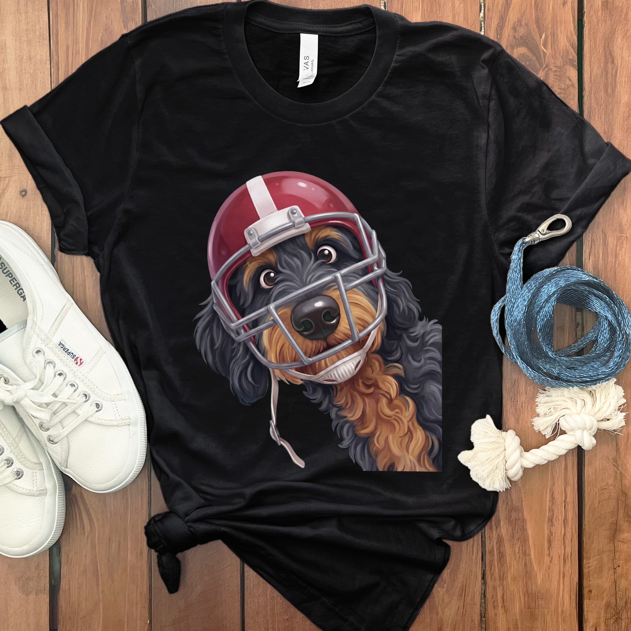 Phantom Goldendoodle Football Helmet T-Shirt in Black / S by Puppy Jo