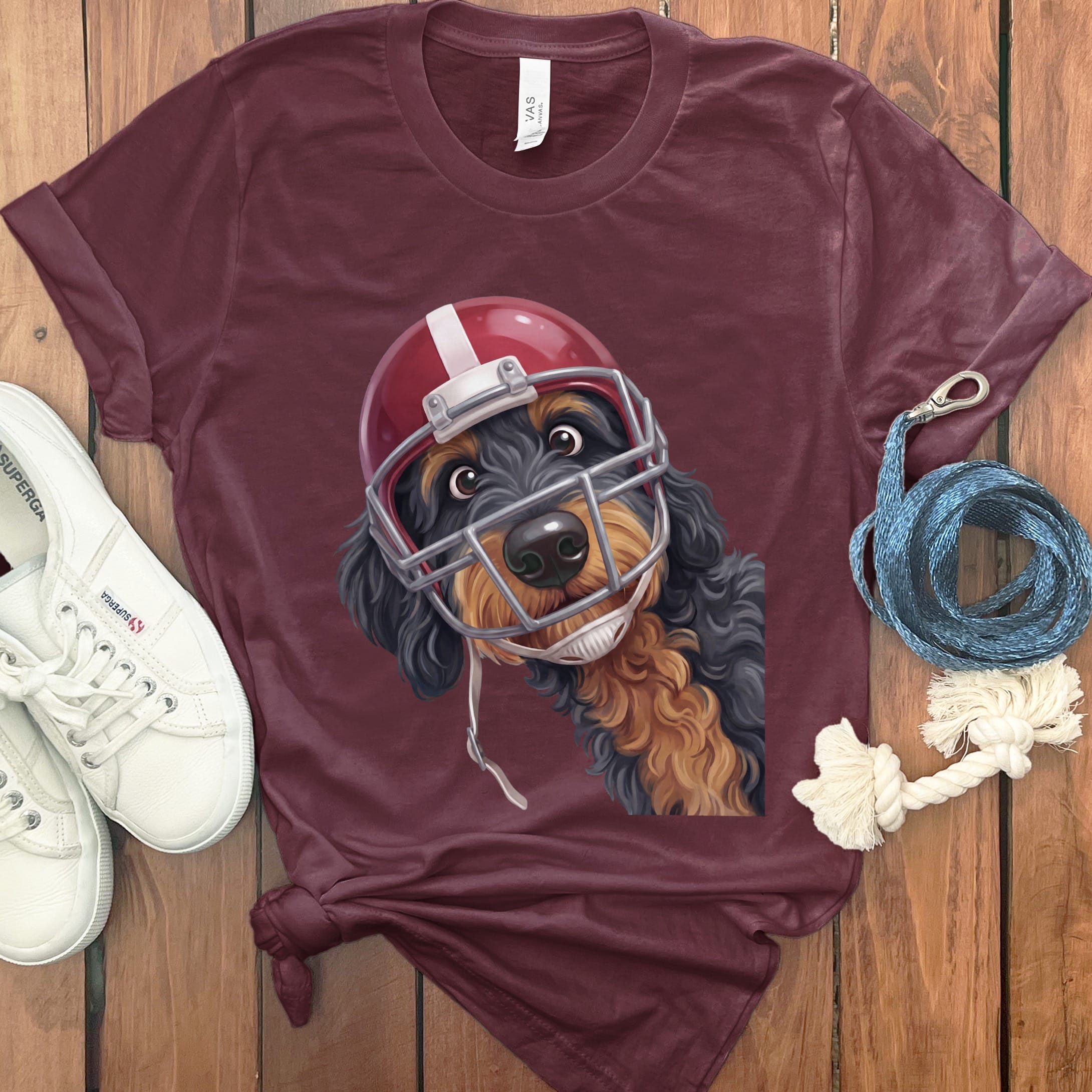 Phantom Goldendoodle Football Helmet T-Shirt in Maroon / S by Puppy Jo
