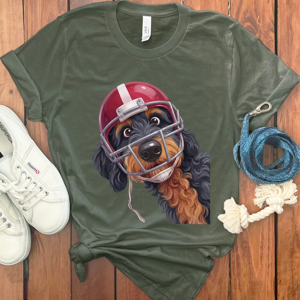 Phantom Goldendoodle Football Helmet T-Shirt in Military Green / S by Puppy Jo