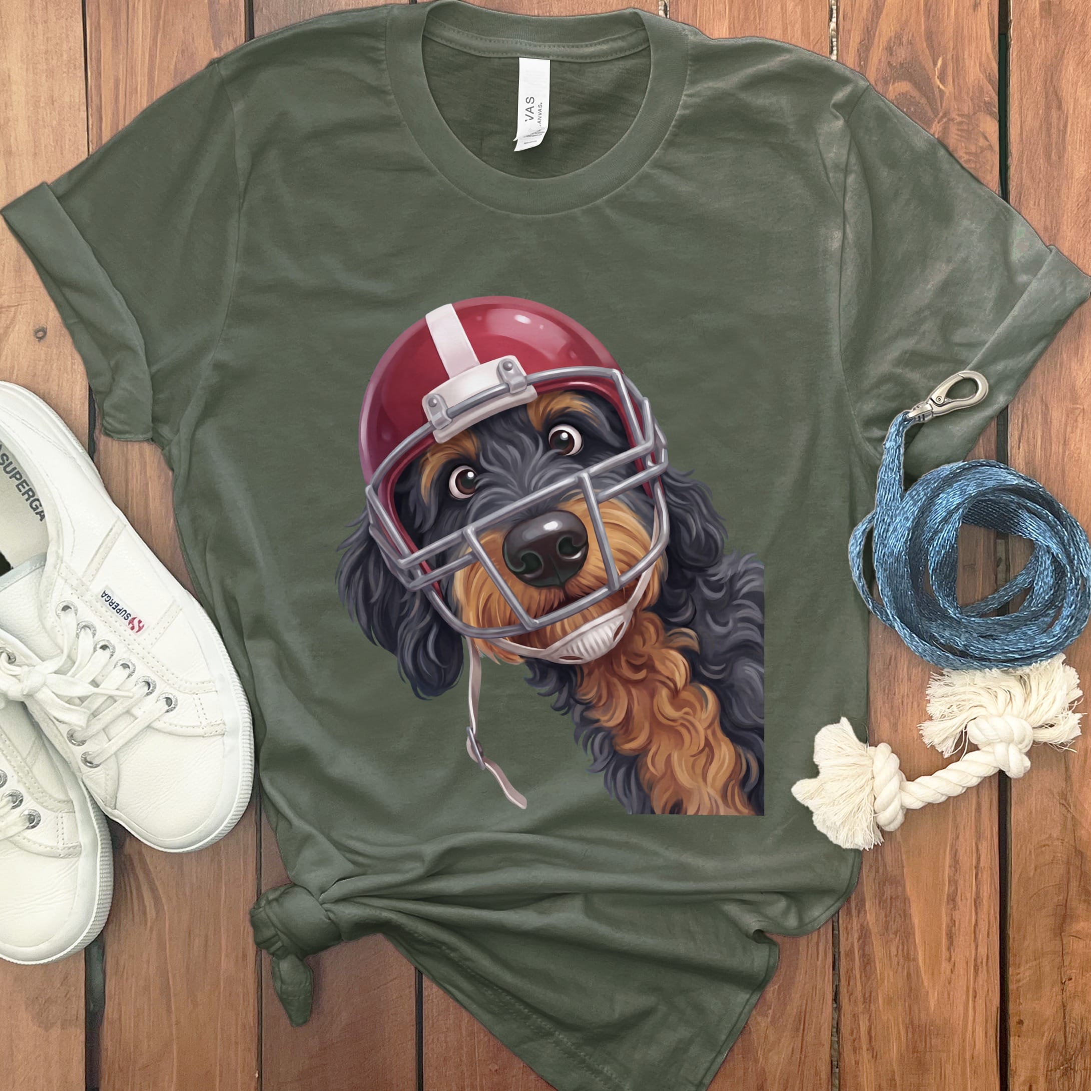 Phantom Goldendoodle Football Helmet T-Shirt in Military Green / S by Puppy Jo