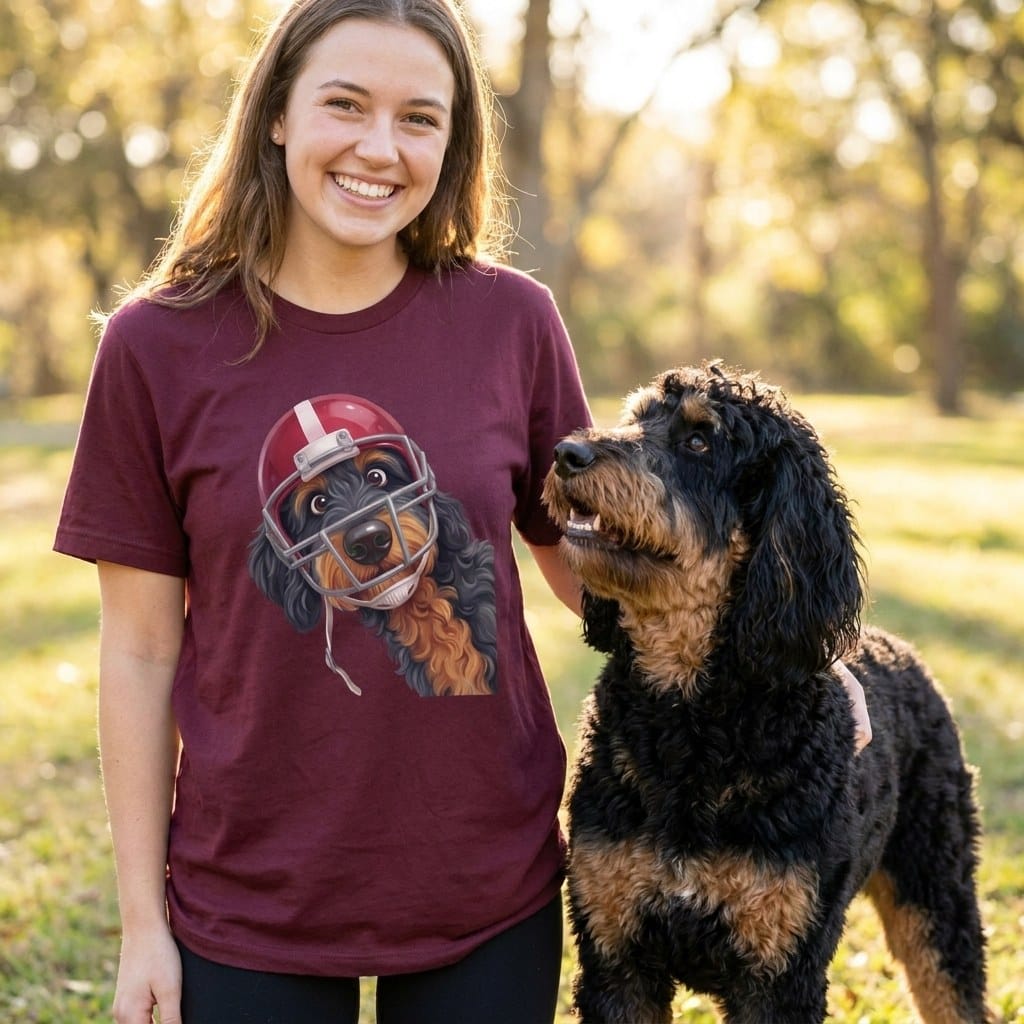 Phantom Goldendoodle Football Helmet T-Shirt in by Puppy Jo