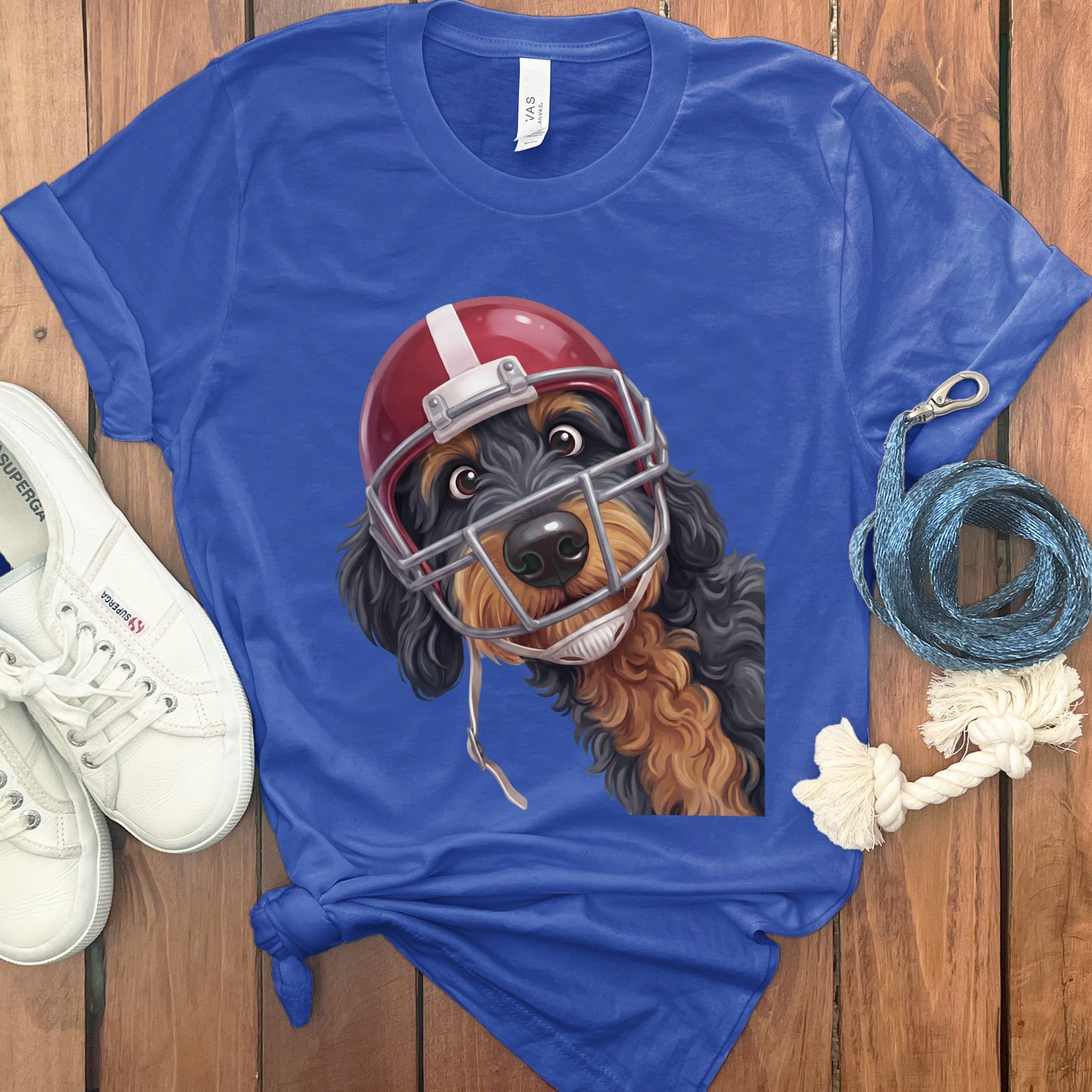 Phantom Goldendoodle Football Helmet T-Shirt in True Royal / S by Puppy Jo