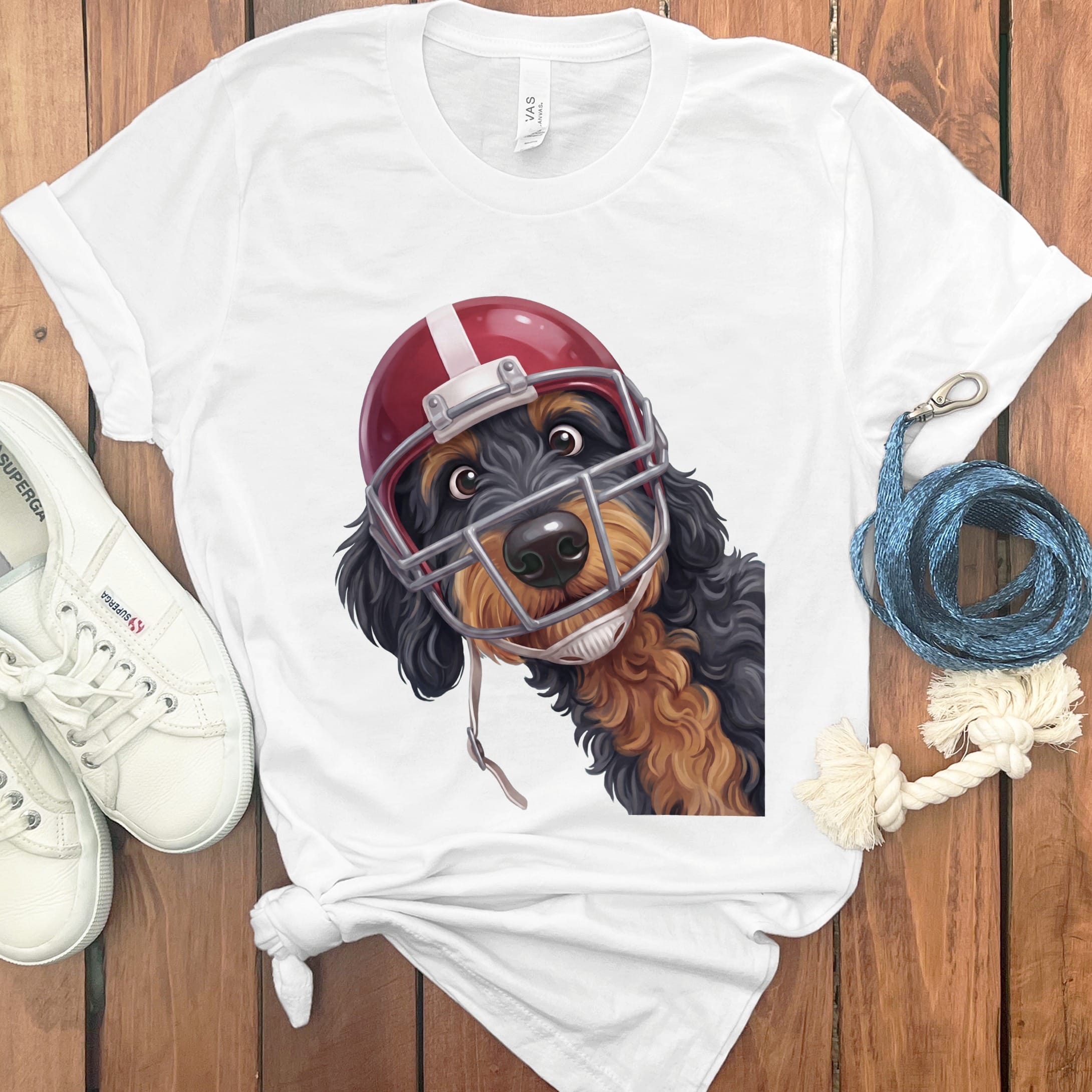 Phantom Goldendoodle Football Helmet T-Shirt in White / S by Puppy Jo