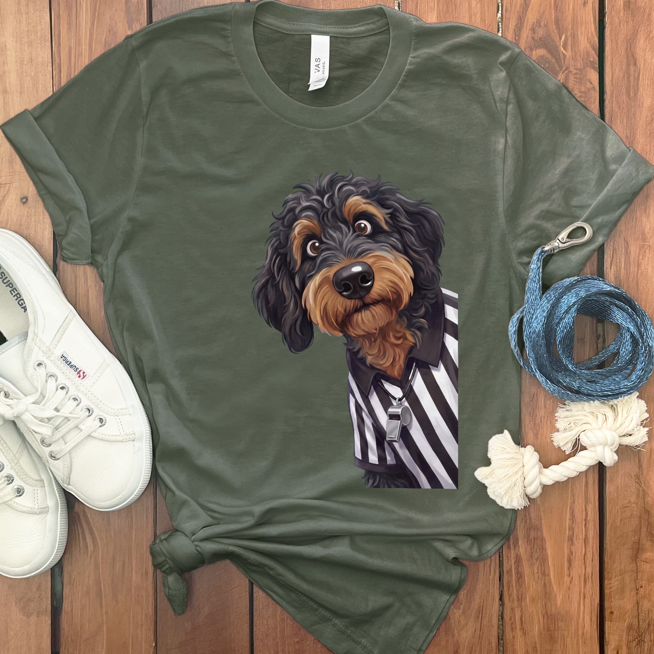 Phantom Goldendoodle Football Referee T-Shirt in Military Green / S by Puppy Jo