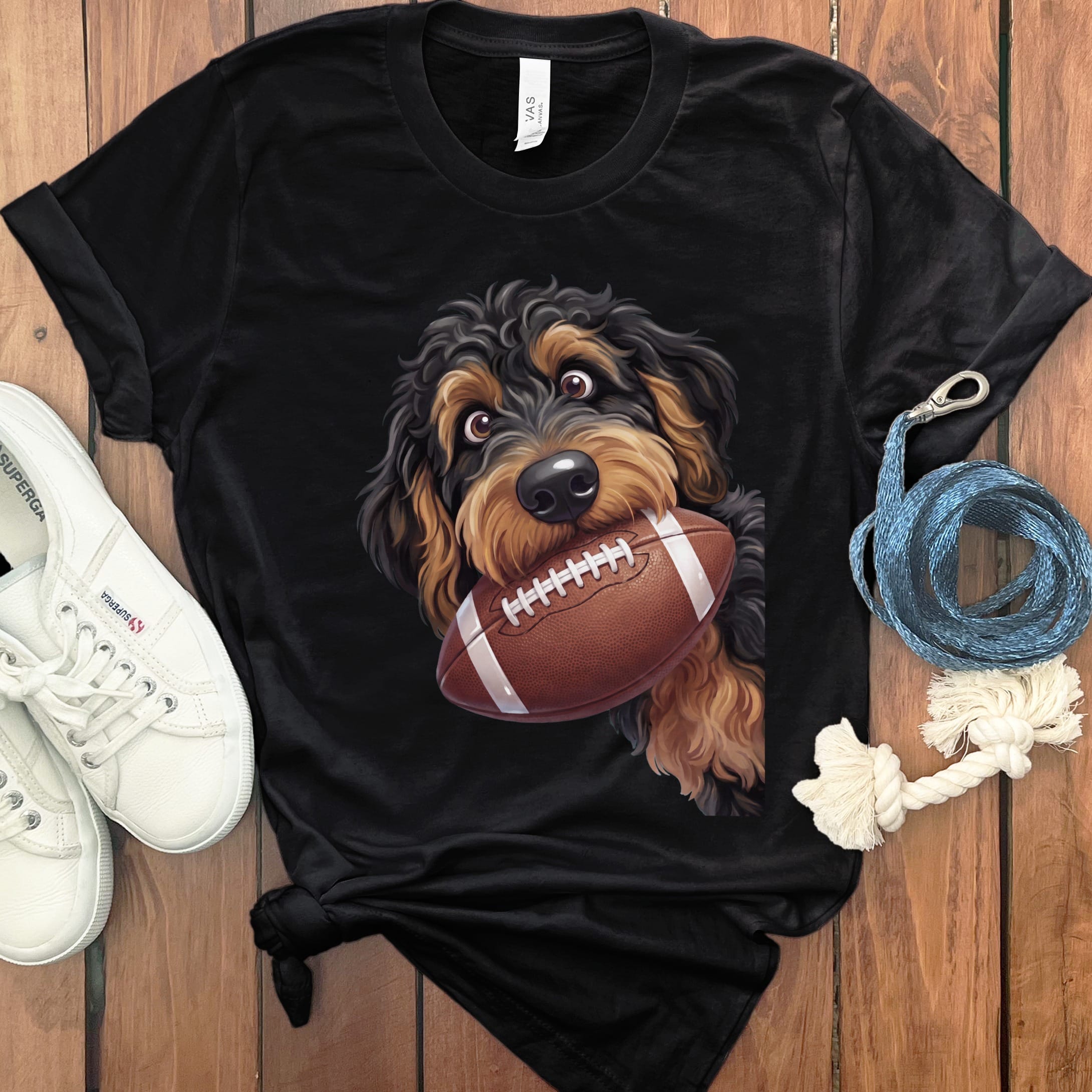 Phantom Goldendoodle Football T-Shirt in S / Black by Puppy Jo