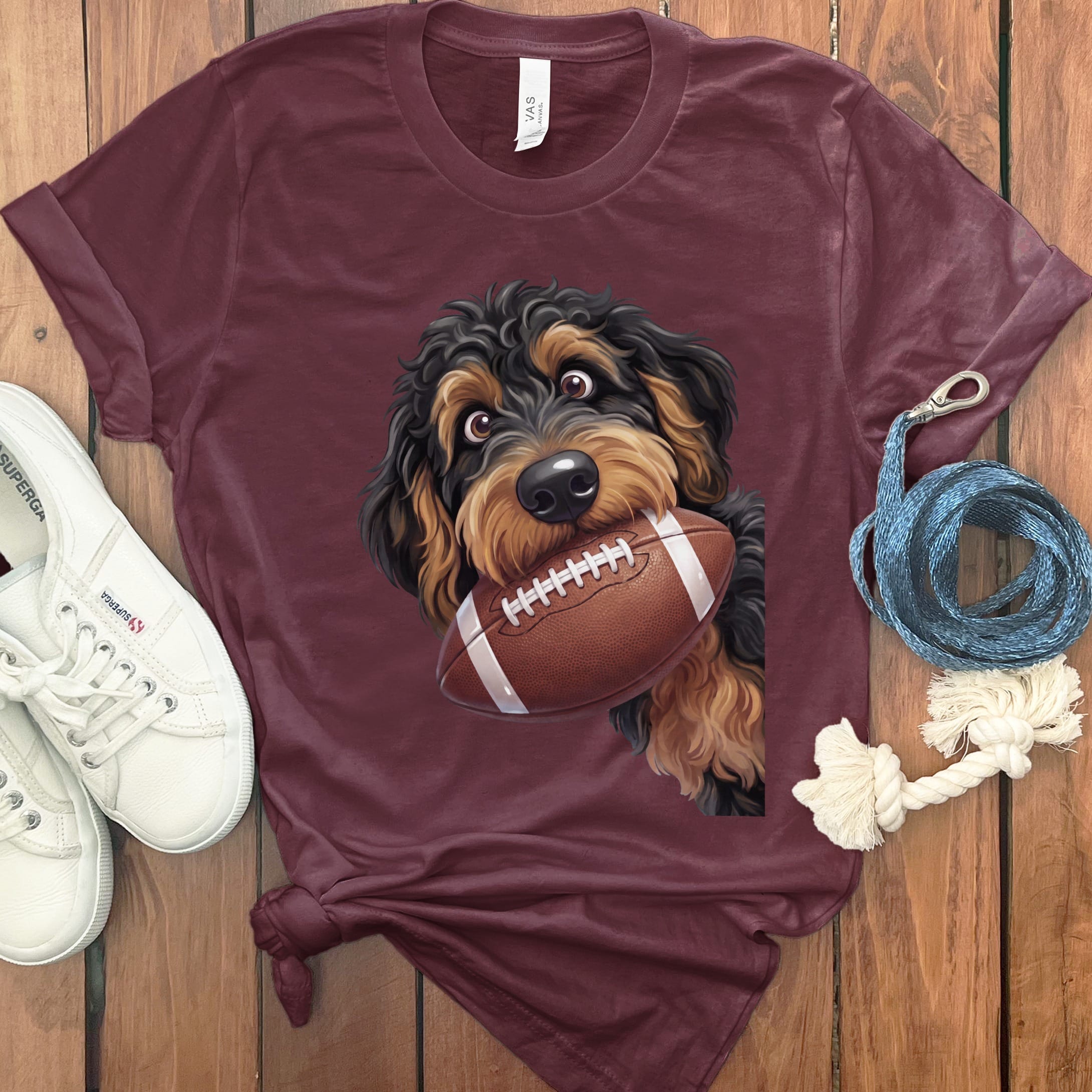 Phantom Goldendoodle Football T-Shirt in S / Maroon by Puppy Jo