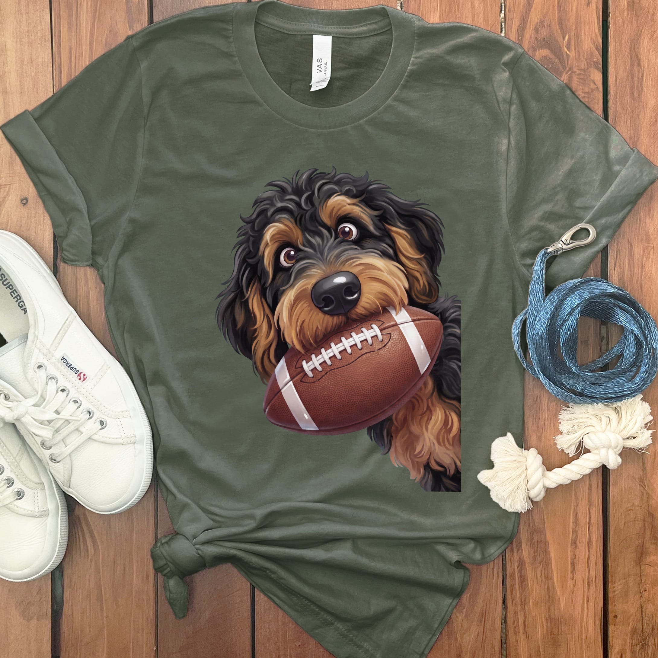 Phantom Goldendoodle Football T-Shirt in S / Military Green by Puppy Jo