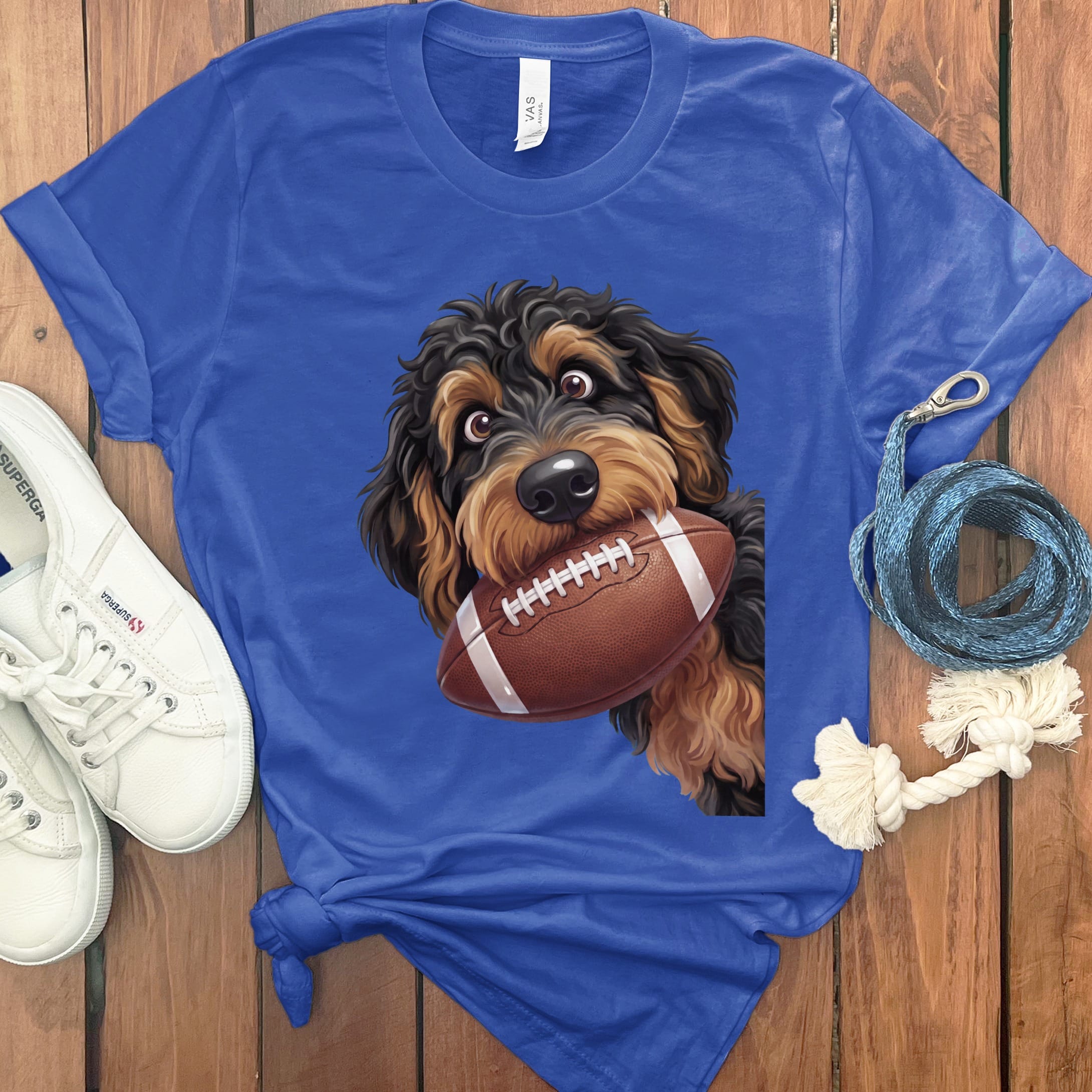 Phantom Goldendoodle Football T-Shirt in S / True Royal by Puppy Jo