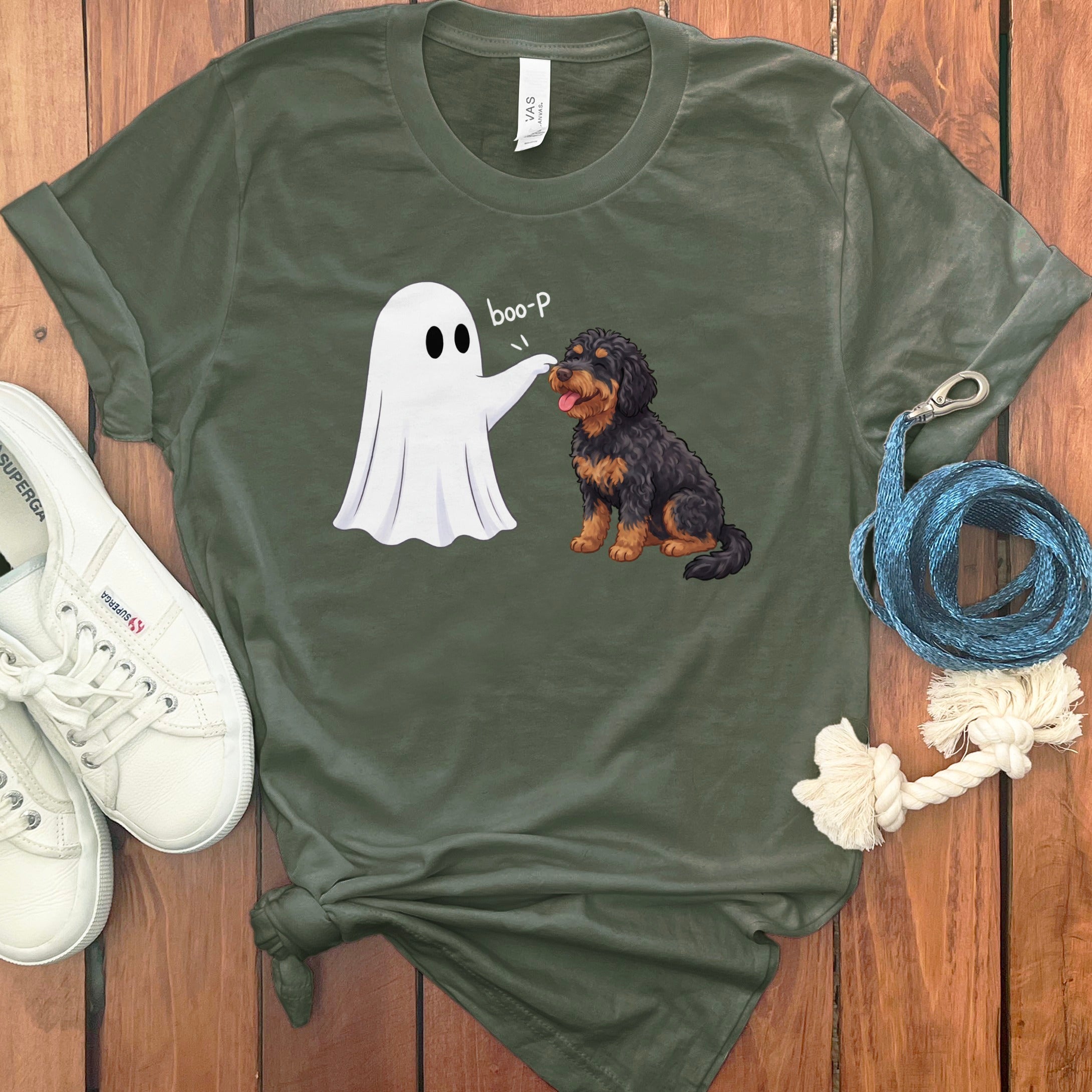 Phantom Goldendoodle Ghost Boop T-Shirt in Military Green / S by Puppy Jo
