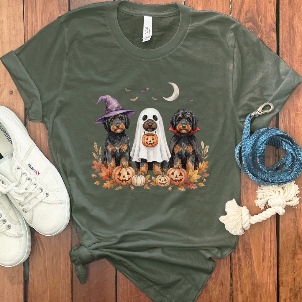 Phantom Goldendoodle Halloween Crew T-Shirt in Military Green / S by Puppy Jo