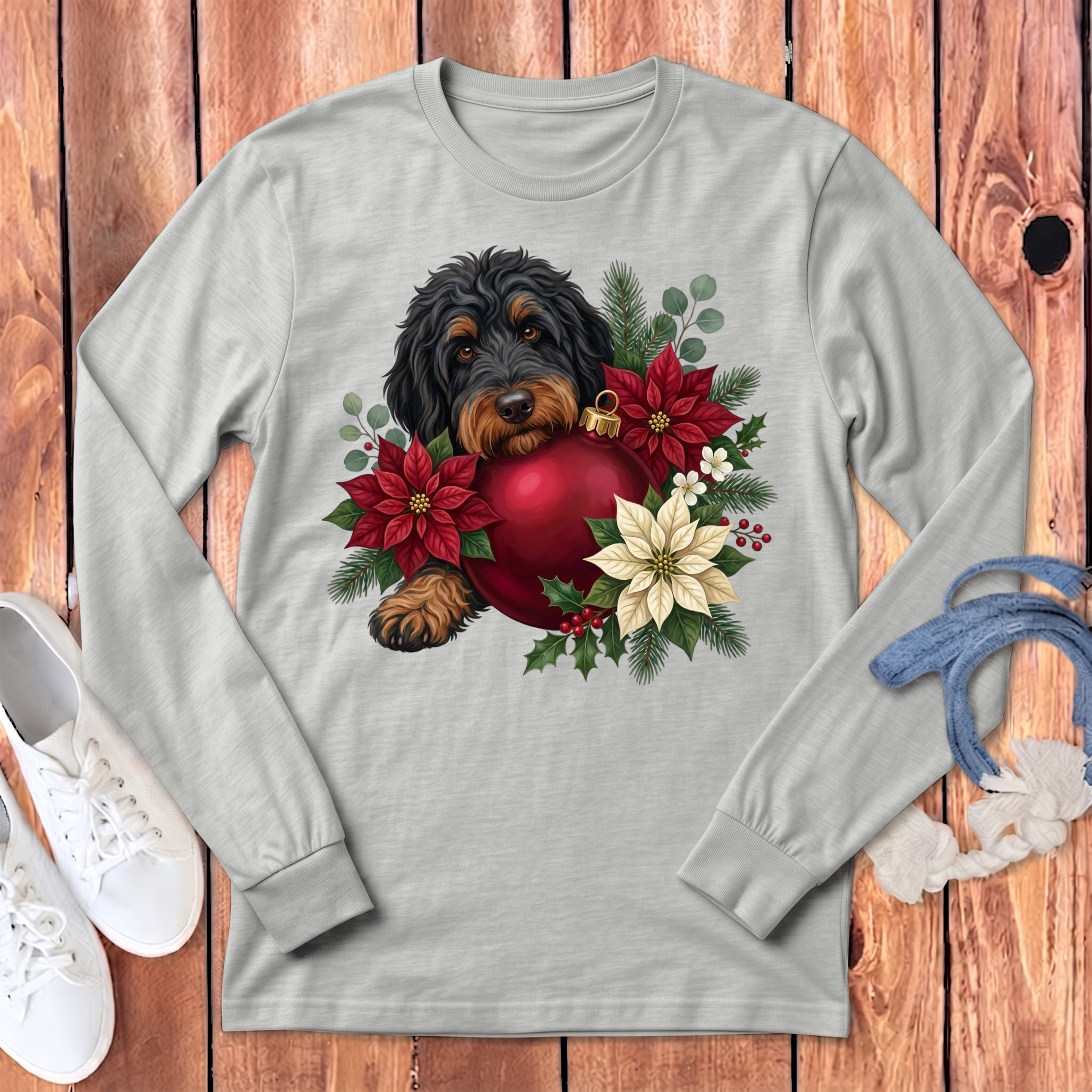 Phantom Goldendoodle Holiday Cheer Long Sleeve T-Shirt in Athletic Heather / S by Puppy Jo
