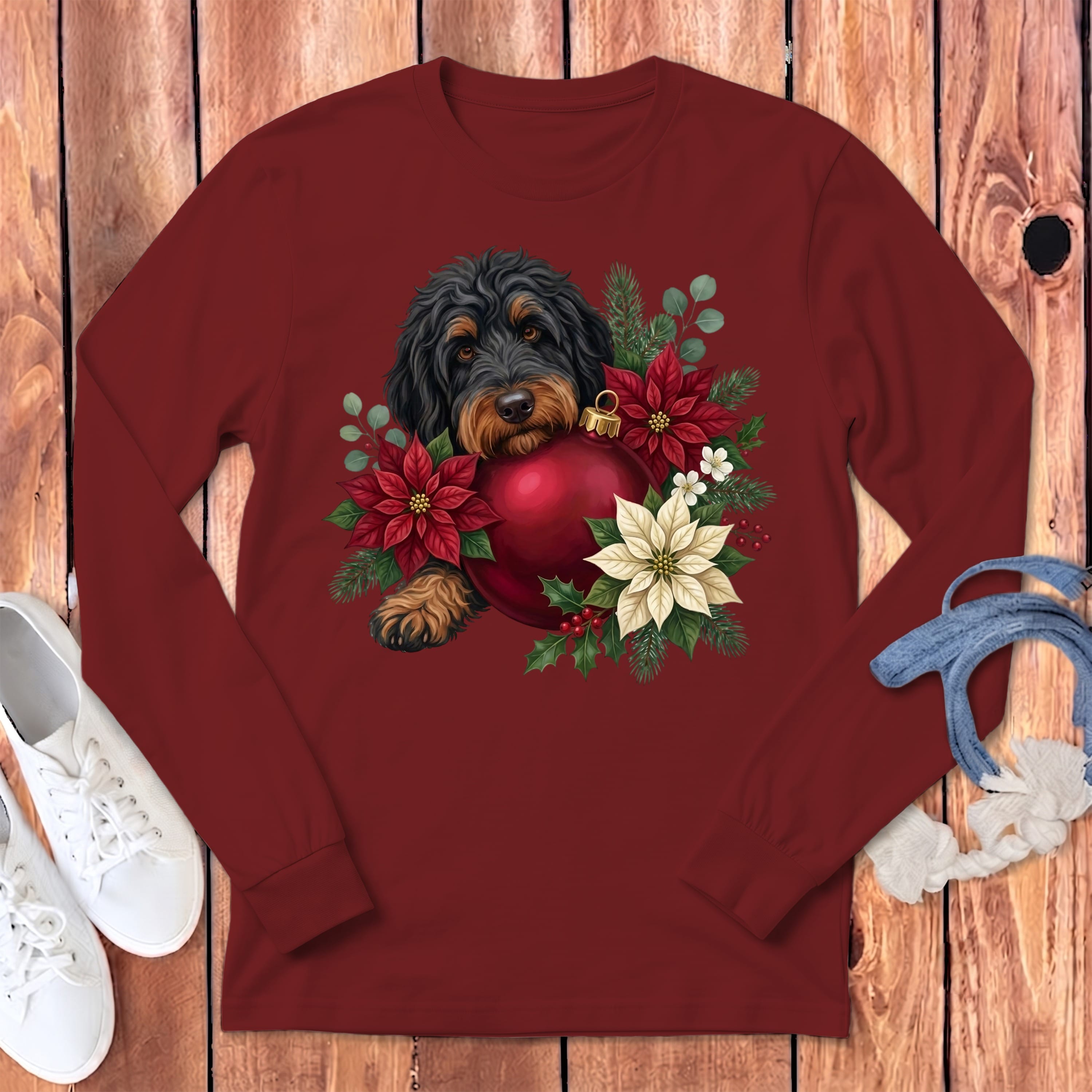Phantom Goldendoodle Holiday Cheer Long Sleeve T-Shirt in Cardinal / S by Puppy Jo
