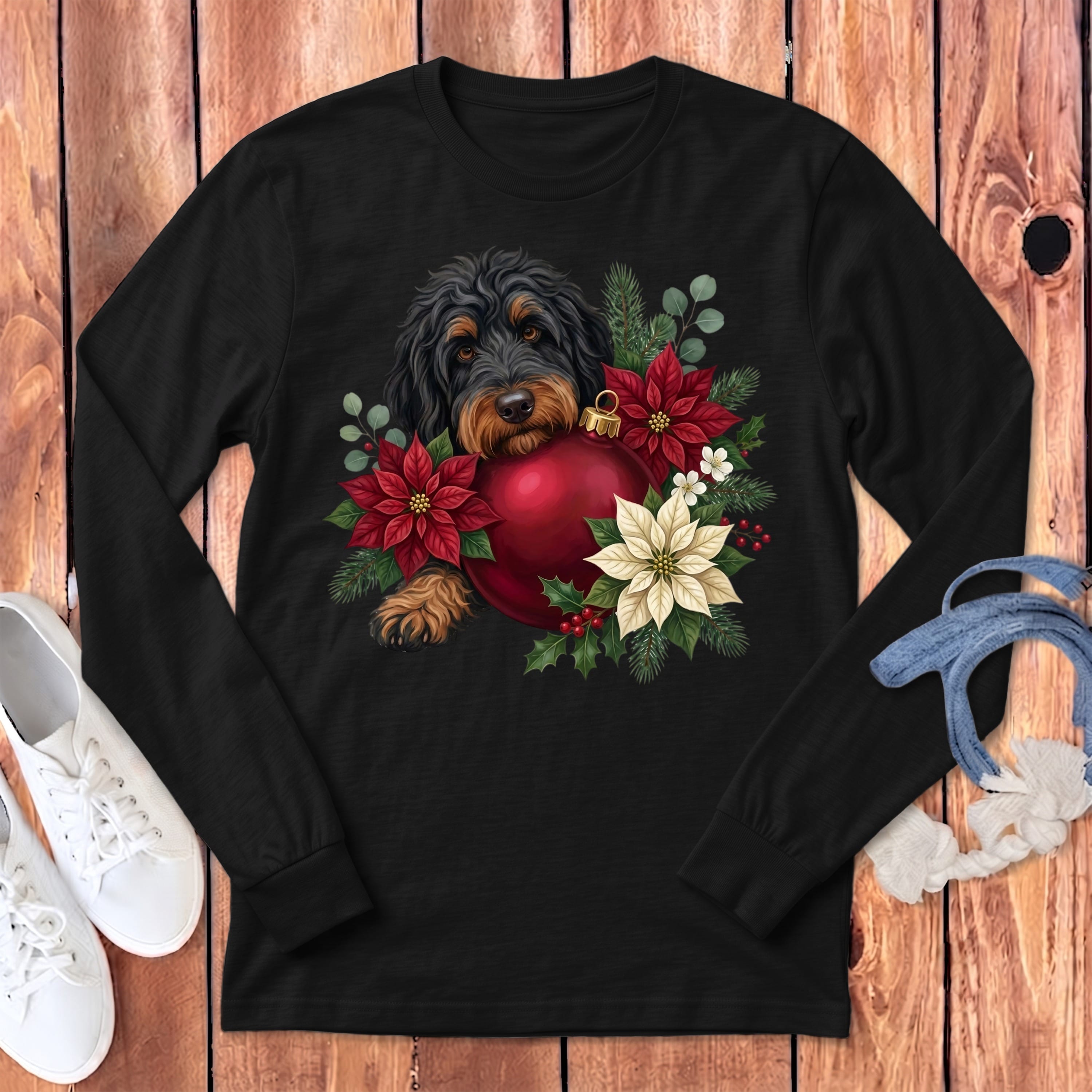 Phantom Goldendoodle Holiday Cheer Long Sleeve T-Shirt in Dark Grey Heather / S by Puppy Jo