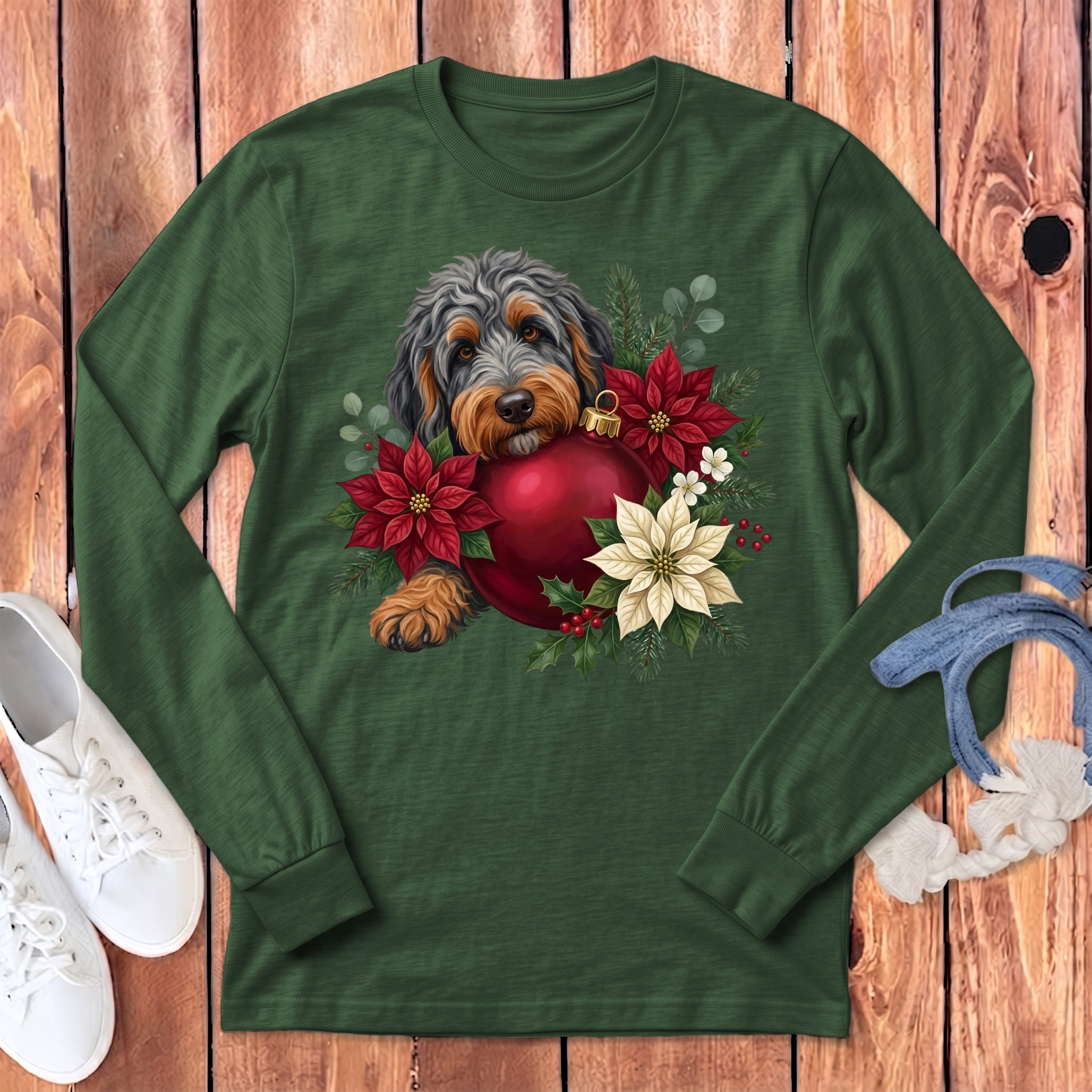 Phantom Goldendoodle Holiday Cheer Long Sleeve T-Shirt in Heather Forest / S by Puppy Jo