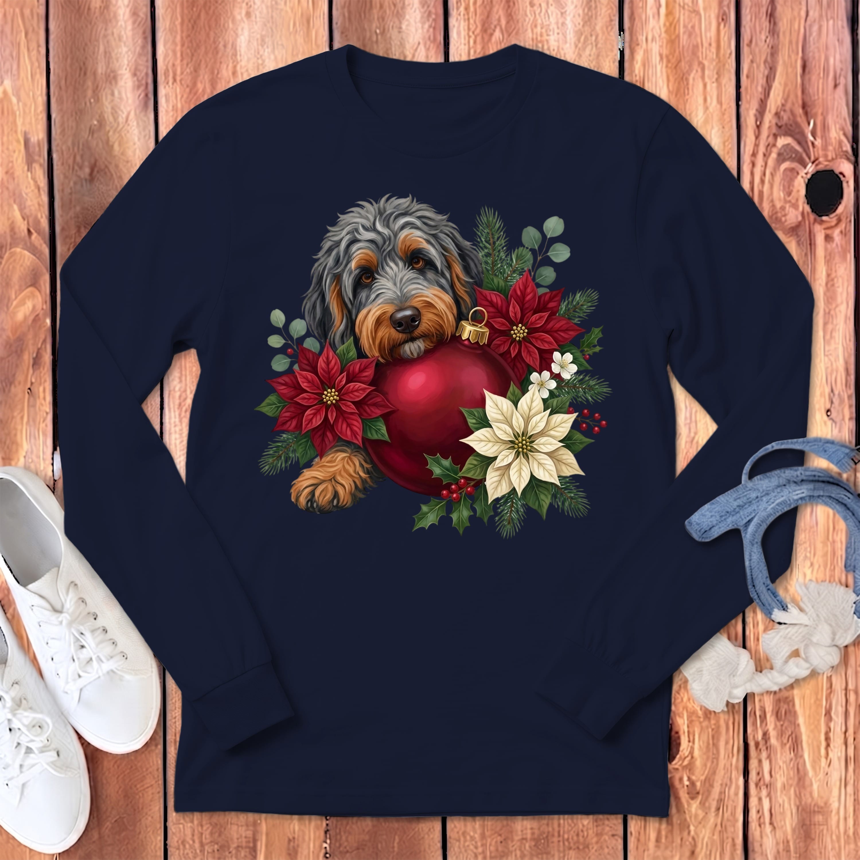 Phantom Goldendoodle Holiday Cheer Long Sleeve T-Shirt in Navy / S by Puppy Jo