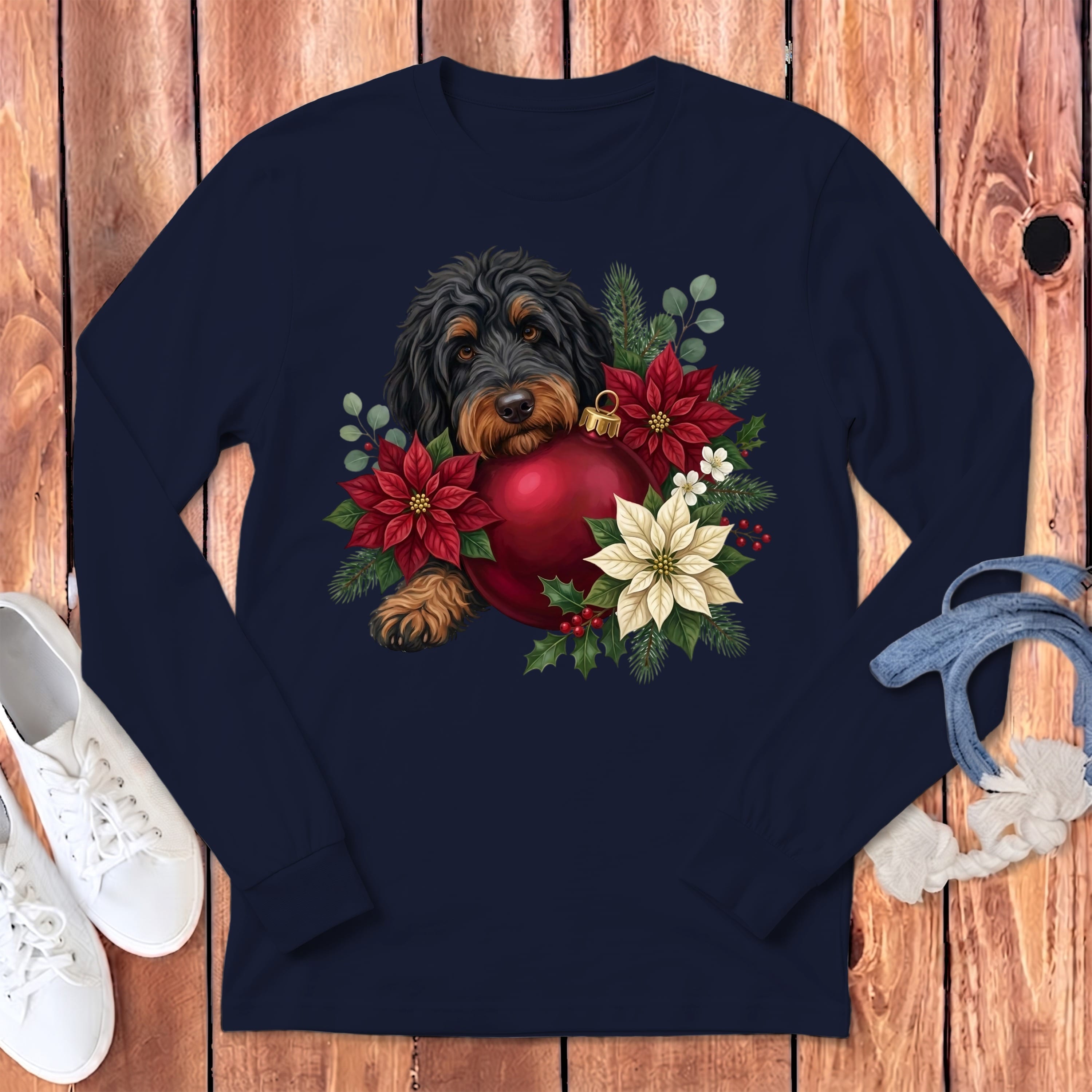 Phantom Goldendoodle Holiday Cheer Long Sleeve T-Shirt in Navy / S by Puppy Jo