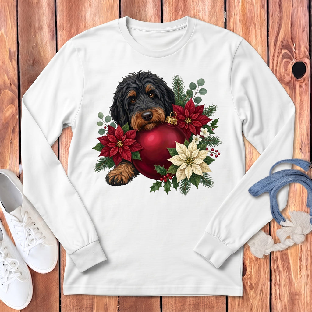 Phantom Goldendoodle Holiday Cheer Long Sleeve T-Shirt in White / S by Puppy Jo