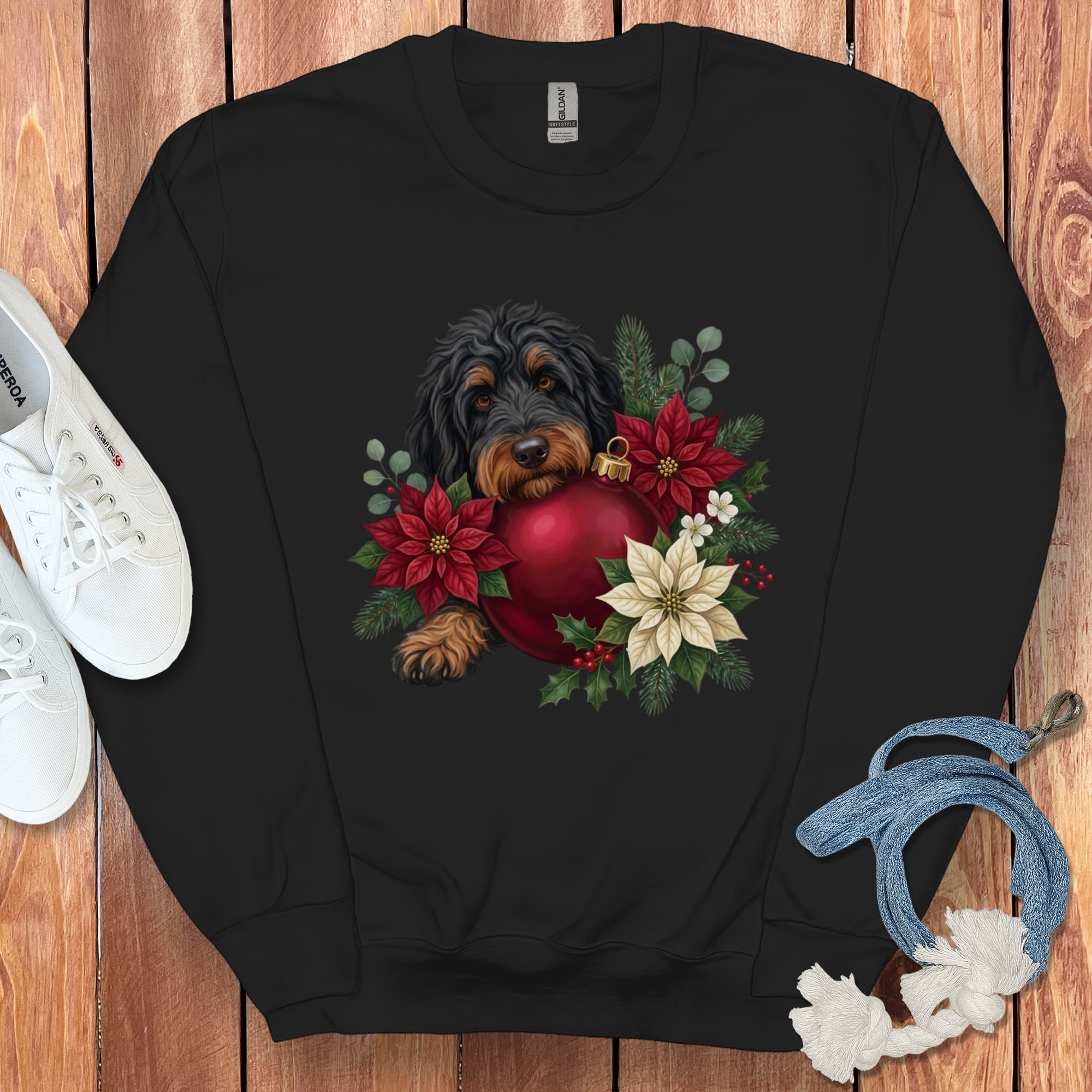 Phantom Goldendoodle Holiday Cheer Sweatshirt in Black / S by Puppy Jo