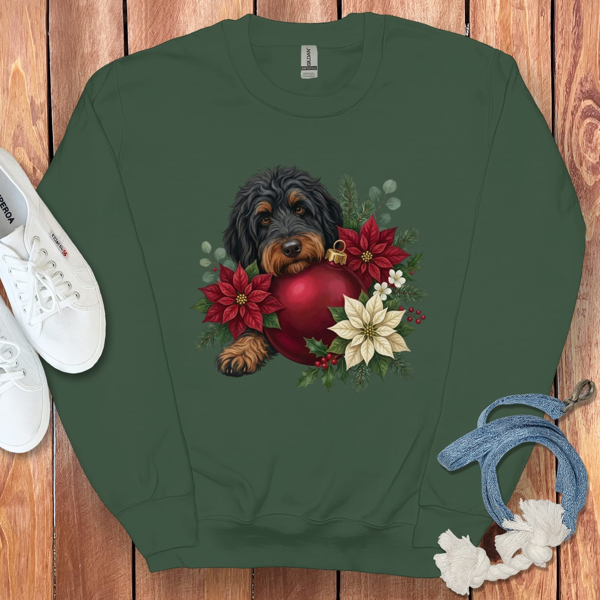 Phantom Goldendoodle Holiday Cheer Sweatshirt in Forest Green / S by Puppy Jo