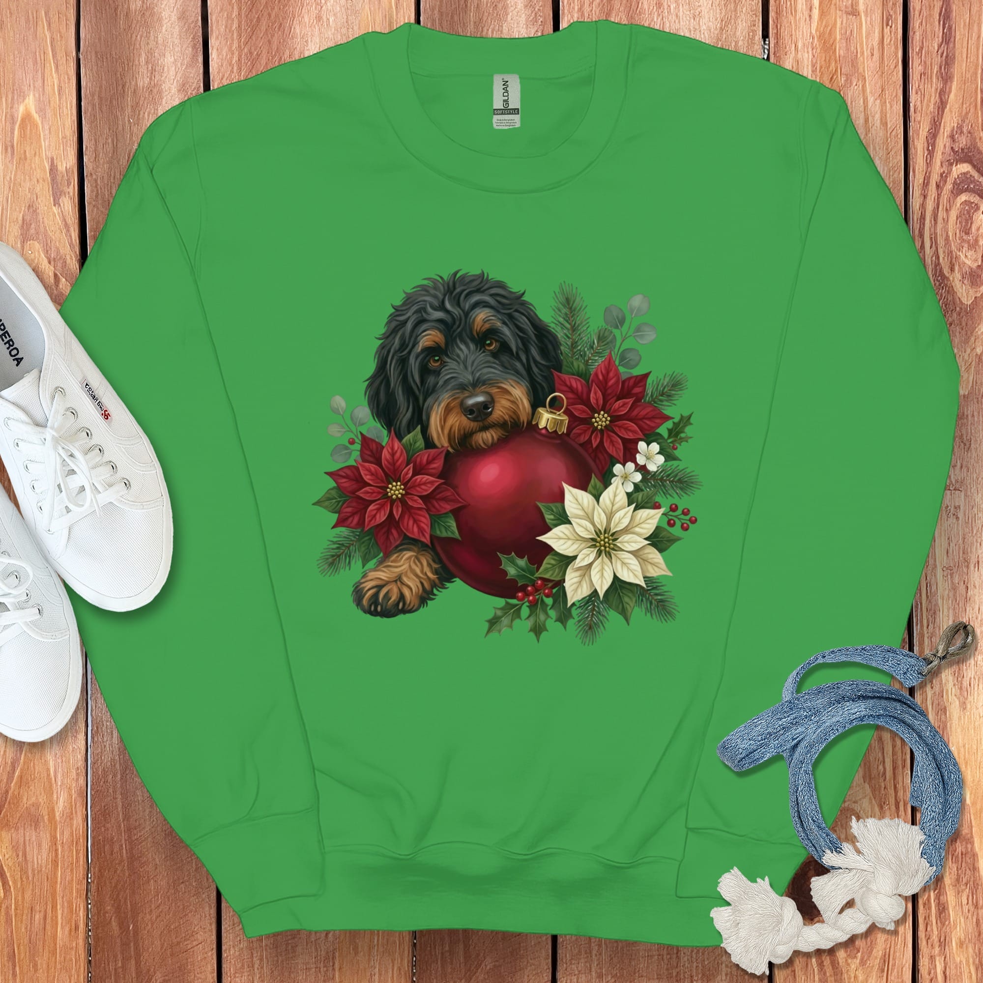Phantom Goldendoodle Holiday Cheer Sweatshirt in Irish Green / S by Puppy Jo