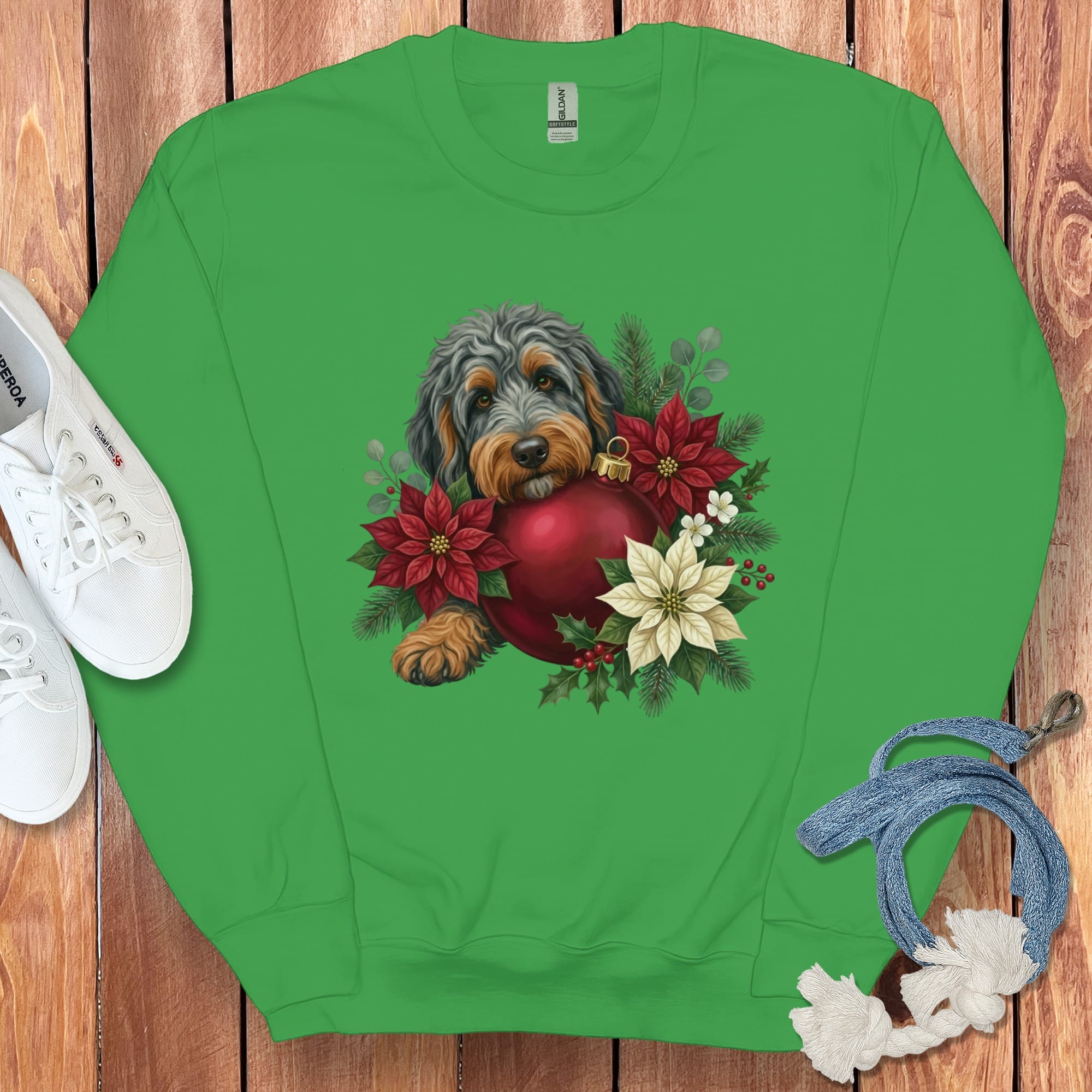 Phantom Goldendoodle Holiday Cheer Sweatshirt in Irish Green / S by Puppy Jo