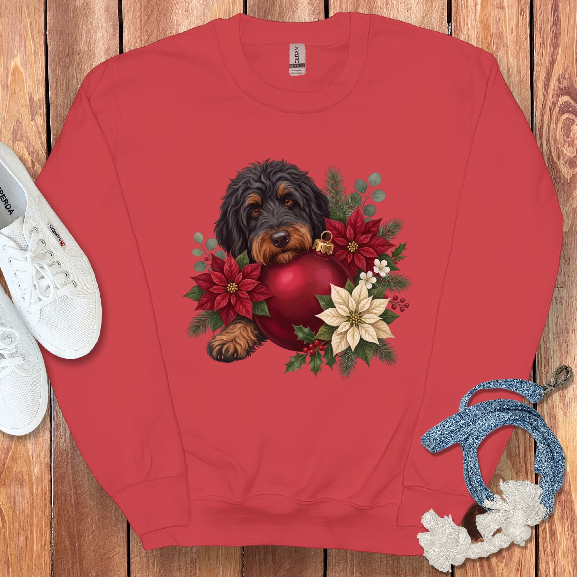 Phantom Goldendoodle Holiday Cheer Sweatshirt in Red / S by Puppy Jo