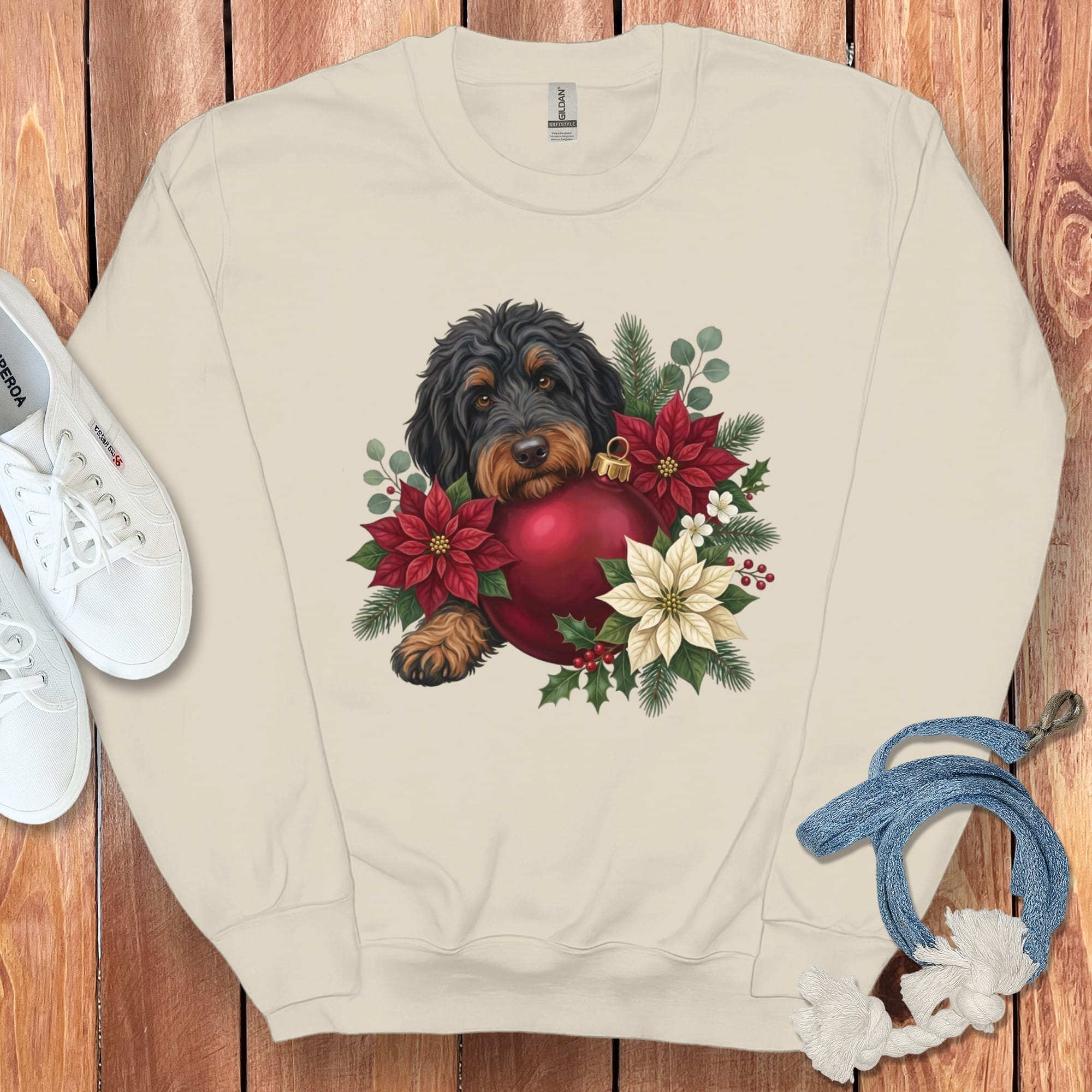 Phantom Goldendoodle Holiday Cheer Sweatshirt in Sand / S by Puppy Jo