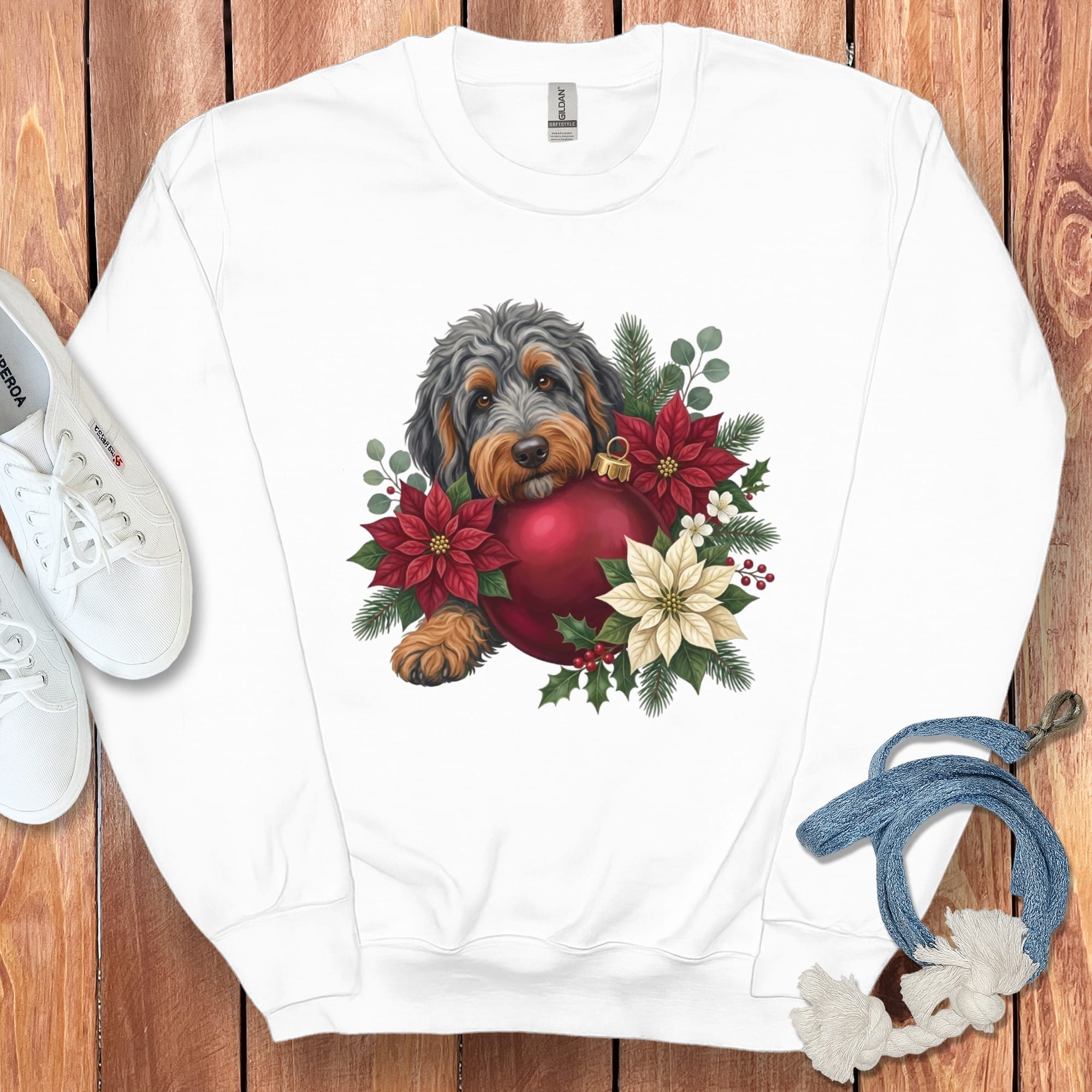 Phantom Goldendoodle Holiday Cheer Sweatshirt in White / S by Puppy Jo