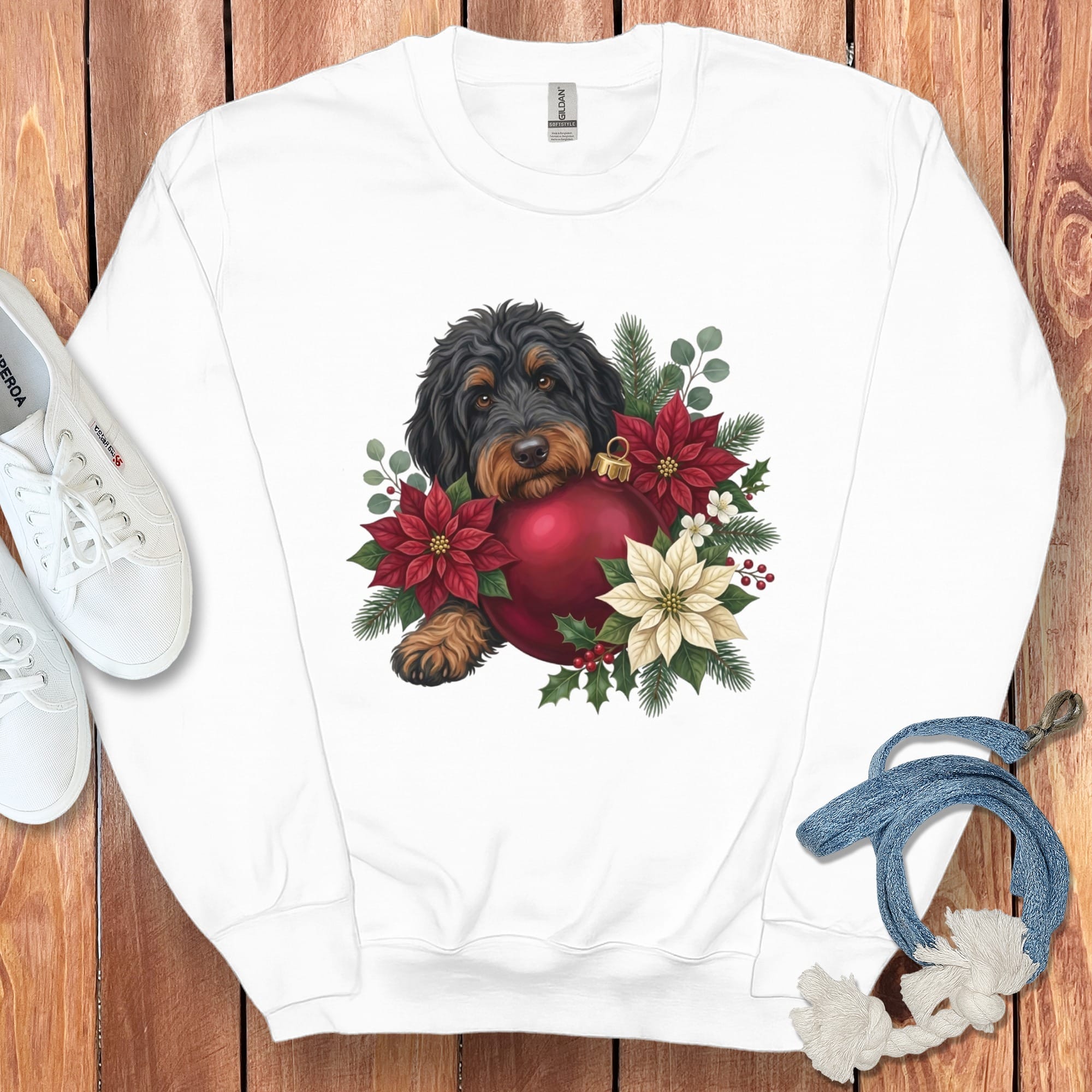 Phantom Goldendoodle Holiday Cheer Sweatshirt in White / S by Puppy Jo