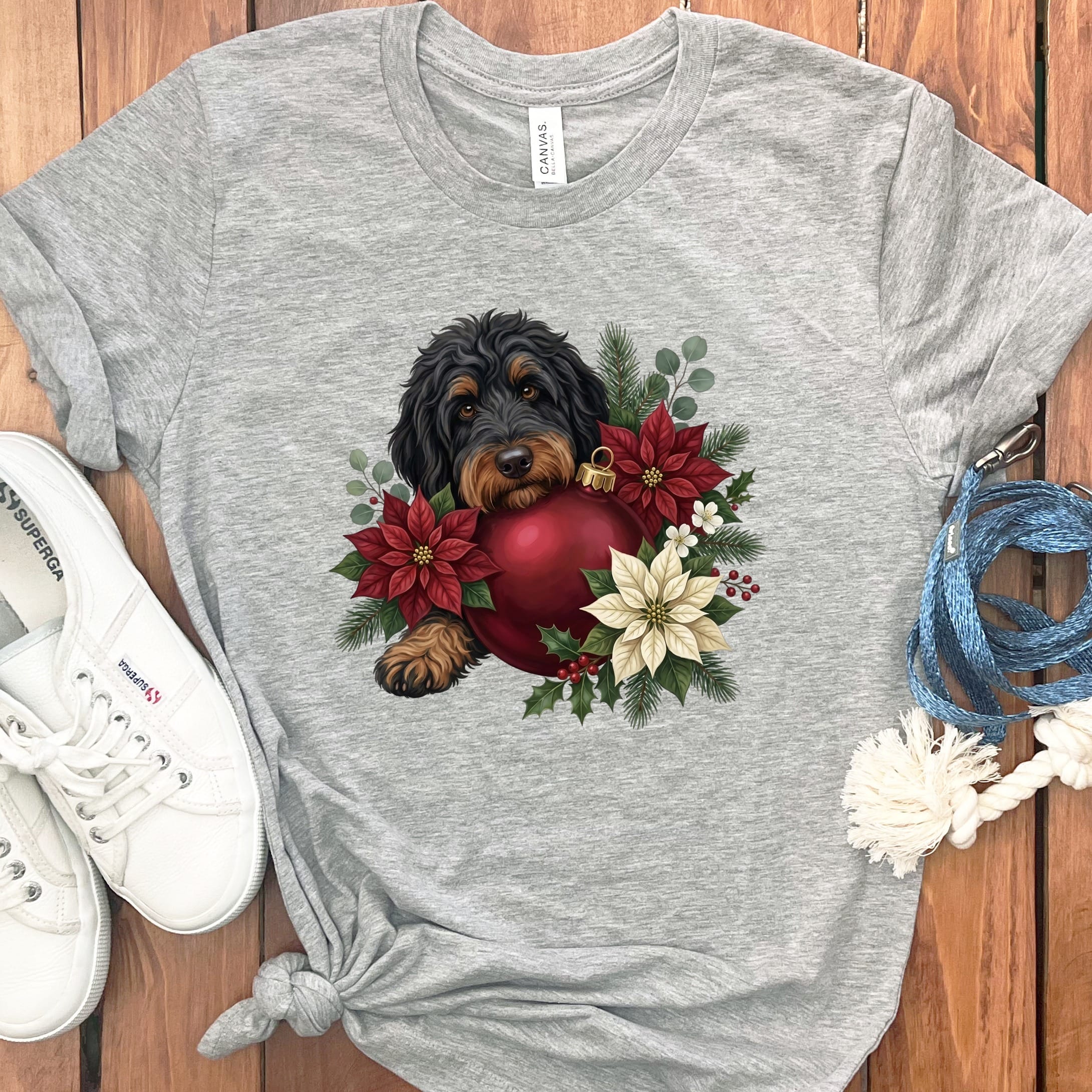 Phantom Goldendoodle Holiday Cheer T-Shirt in Athletic Heather / S by Puppy Jo