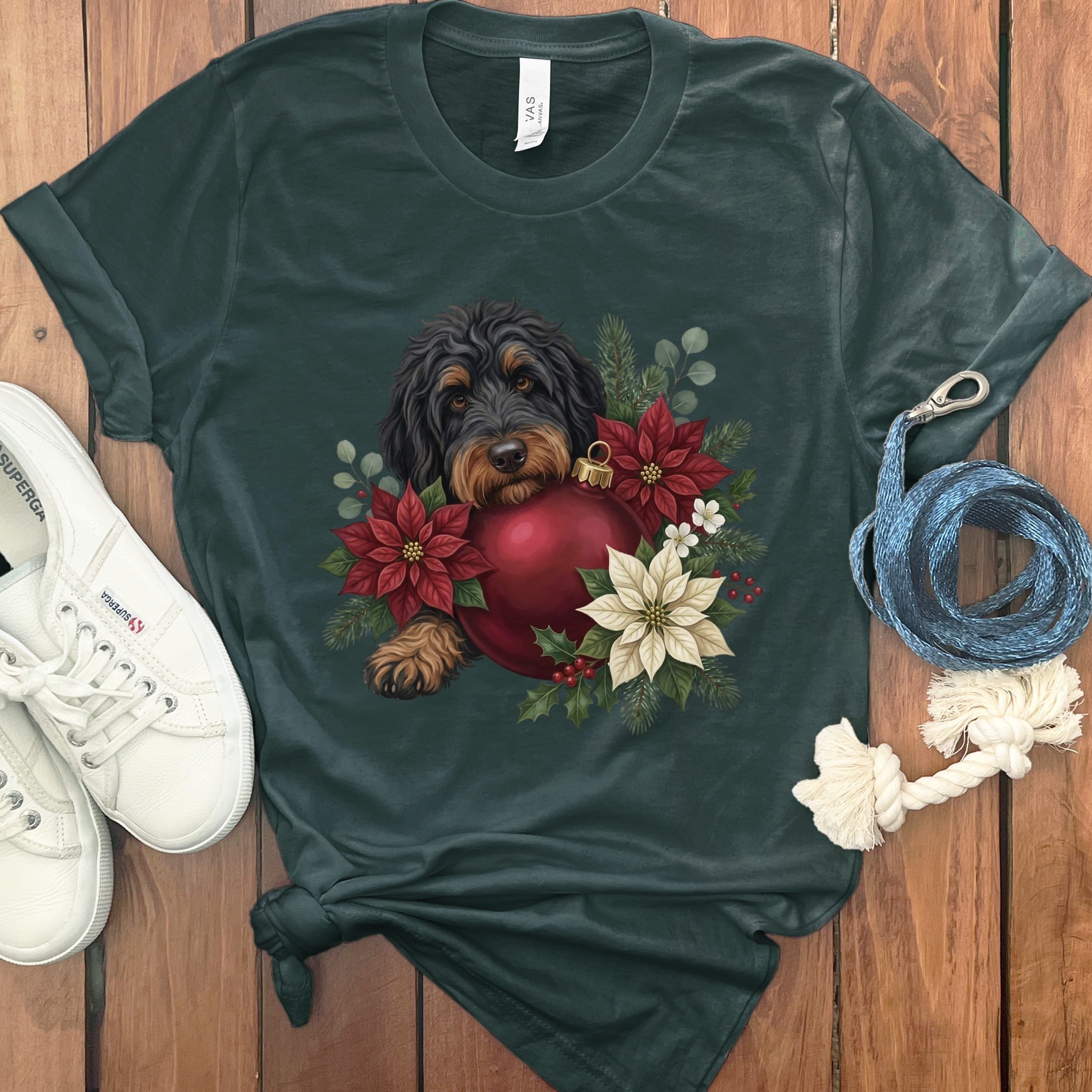 Phantom Goldendoodle Holiday Cheer T-Shirt in Forest / S by Puppy Jo