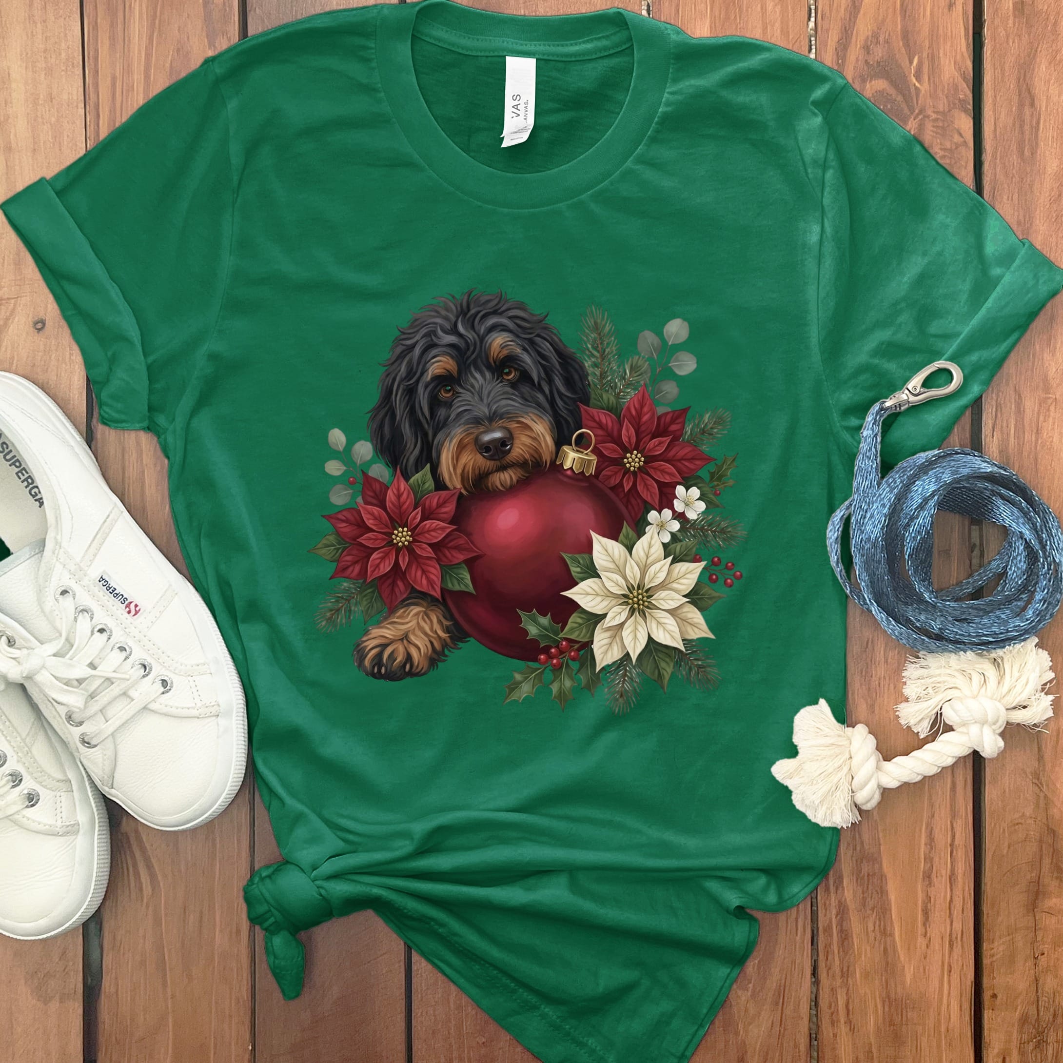 Phantom Goldendoodle Holiday Cheer T-Shirt in Kelly / S by Puppy Jo