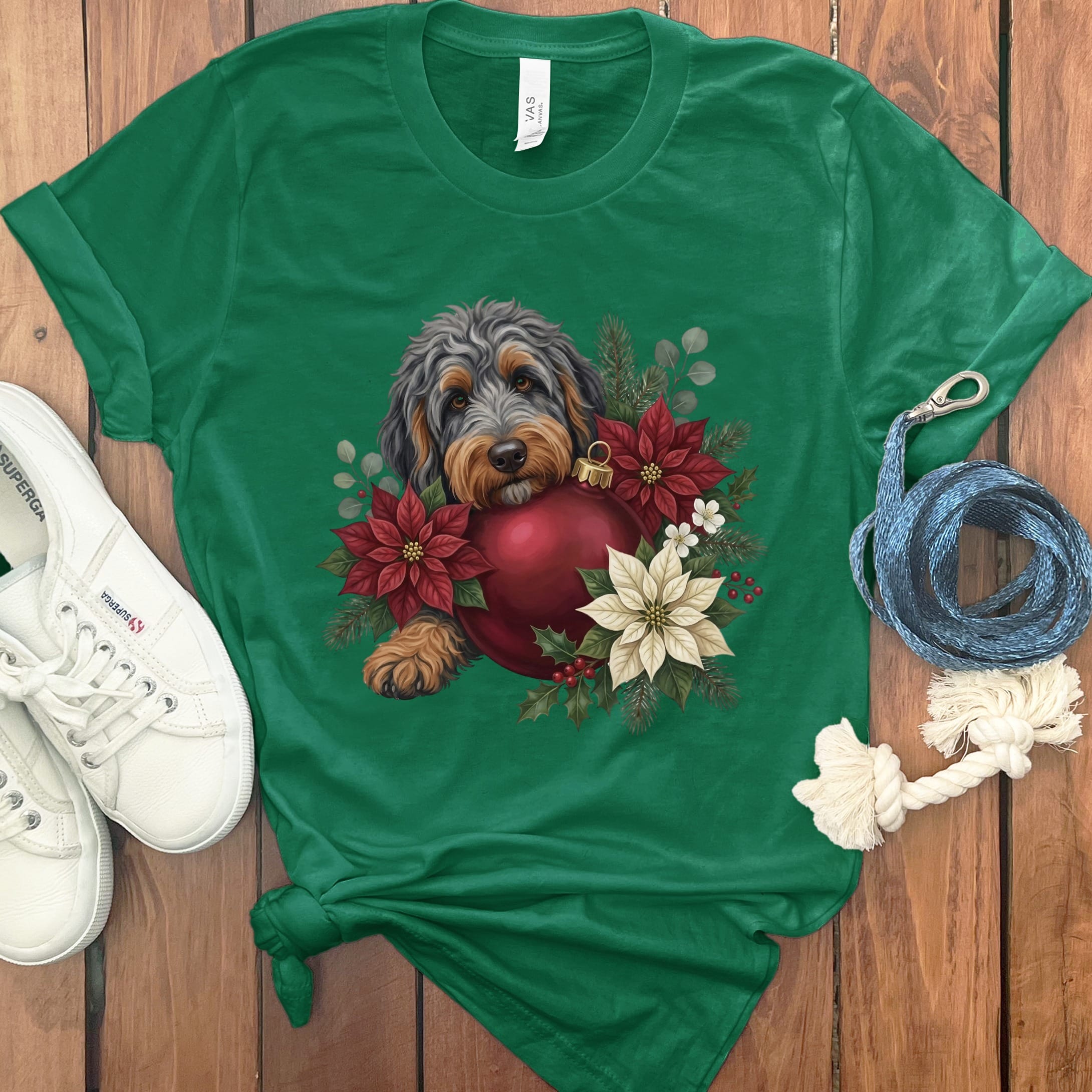 Phantom Goldendoodle Holiday Cheer T-Shirt in Kelly / S by Puppy Jo