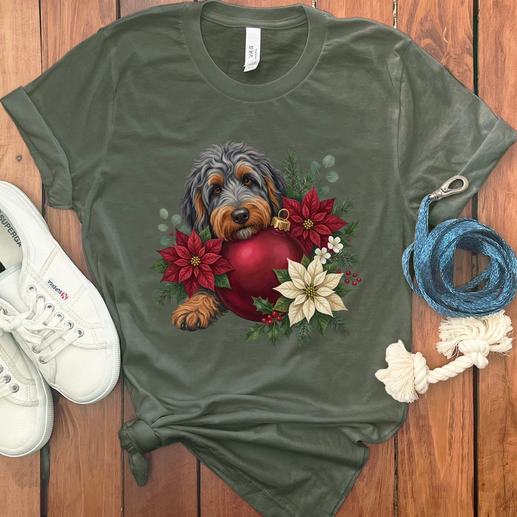 Phantom Goldendoodle Holiday Cheer T-Shirt in Military Green / S by Puppy Jo