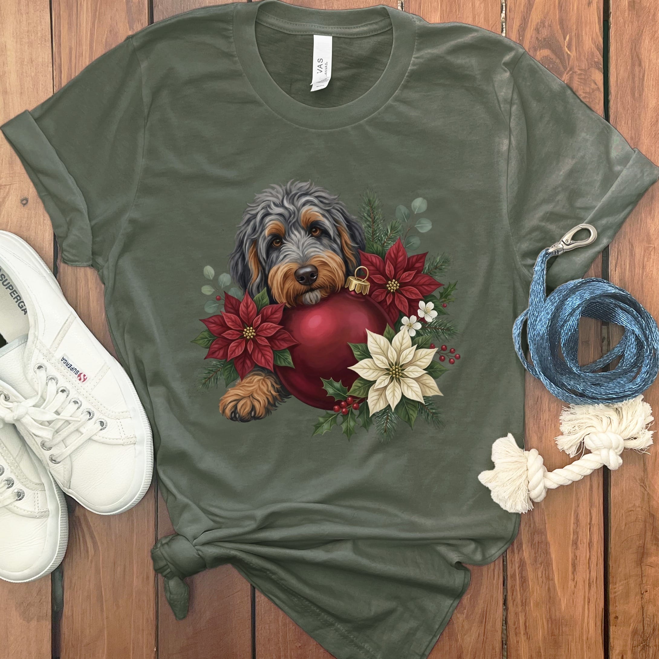 Phantom Goldendoodle Holiday Cheer T-Shirt in Military Green / S by Puppy Jo