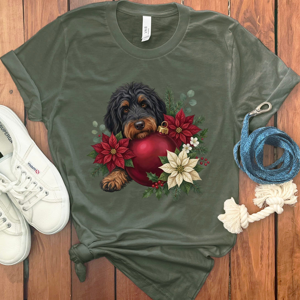 Phantom Goldendoodle Holiday Cheer T-Shirt in Military Green / S by Puppy Jo