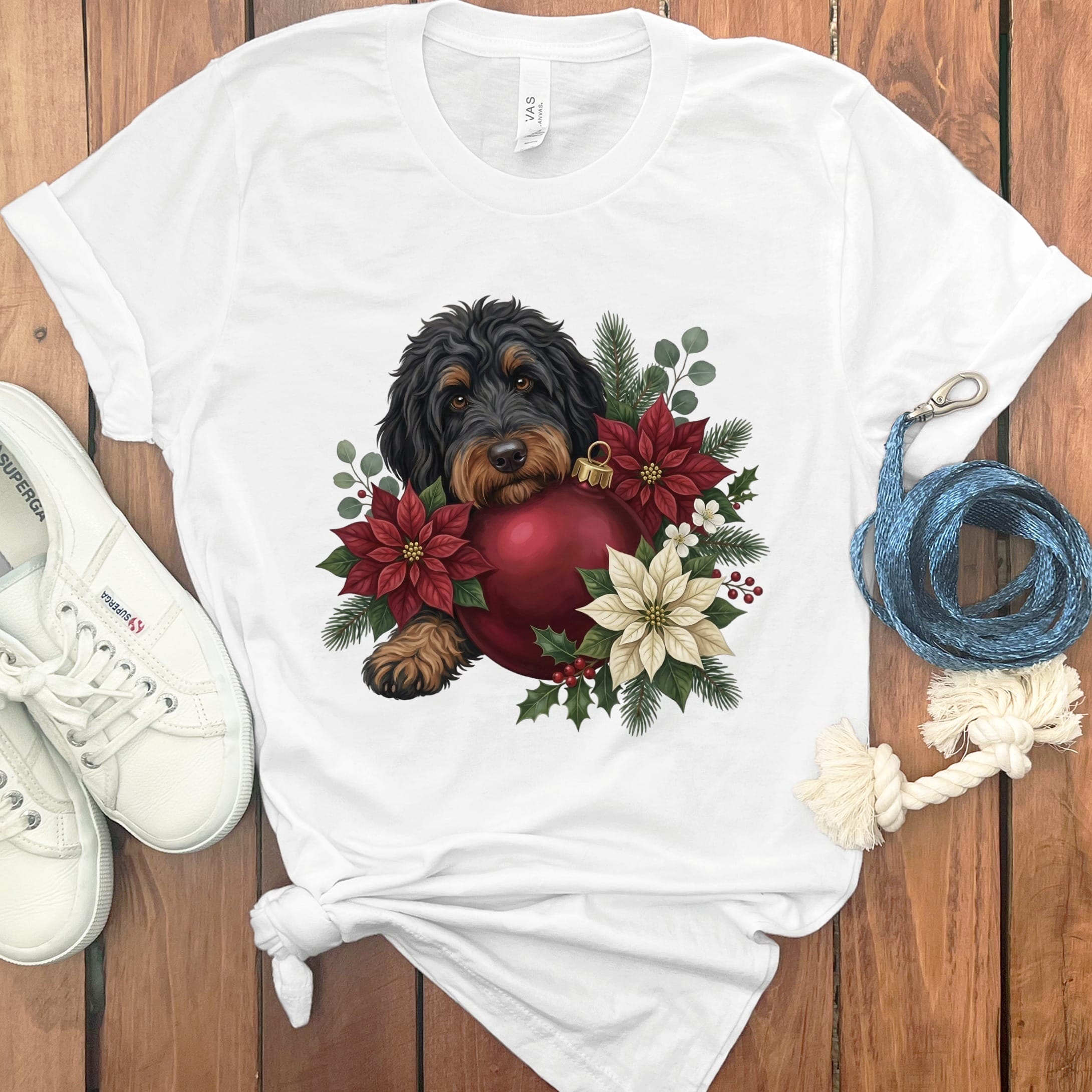Phantom Goldendoodle Holiday Cheer T-Shirt in White / S by Puppy Jo
