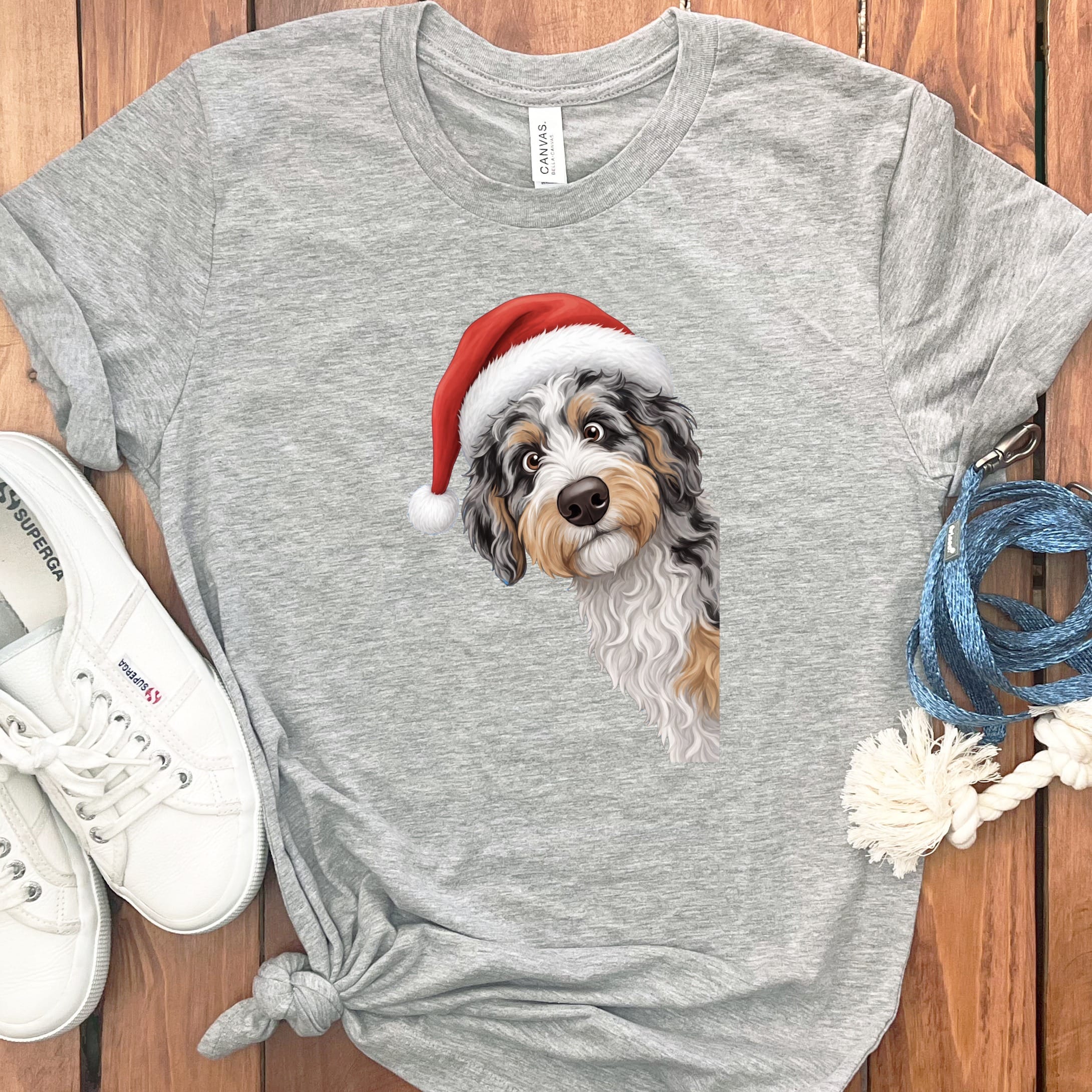 Phantom Goldendoodle Holiday Santa T-Shirt in Athletic Heather / S by Puppy Jo
