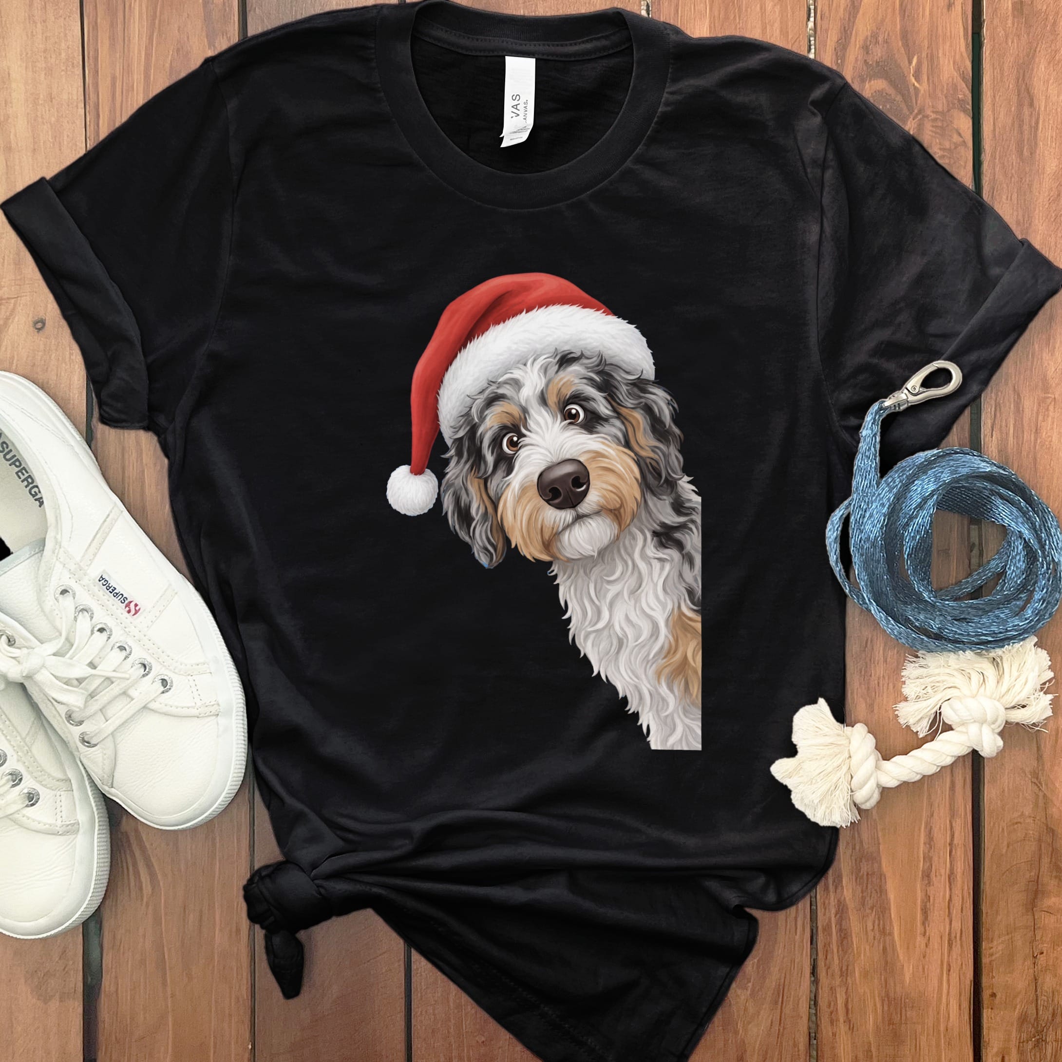 Phantom Goldendoodle Holiday Santa T-Shirt in Black / S by Puppy Jo