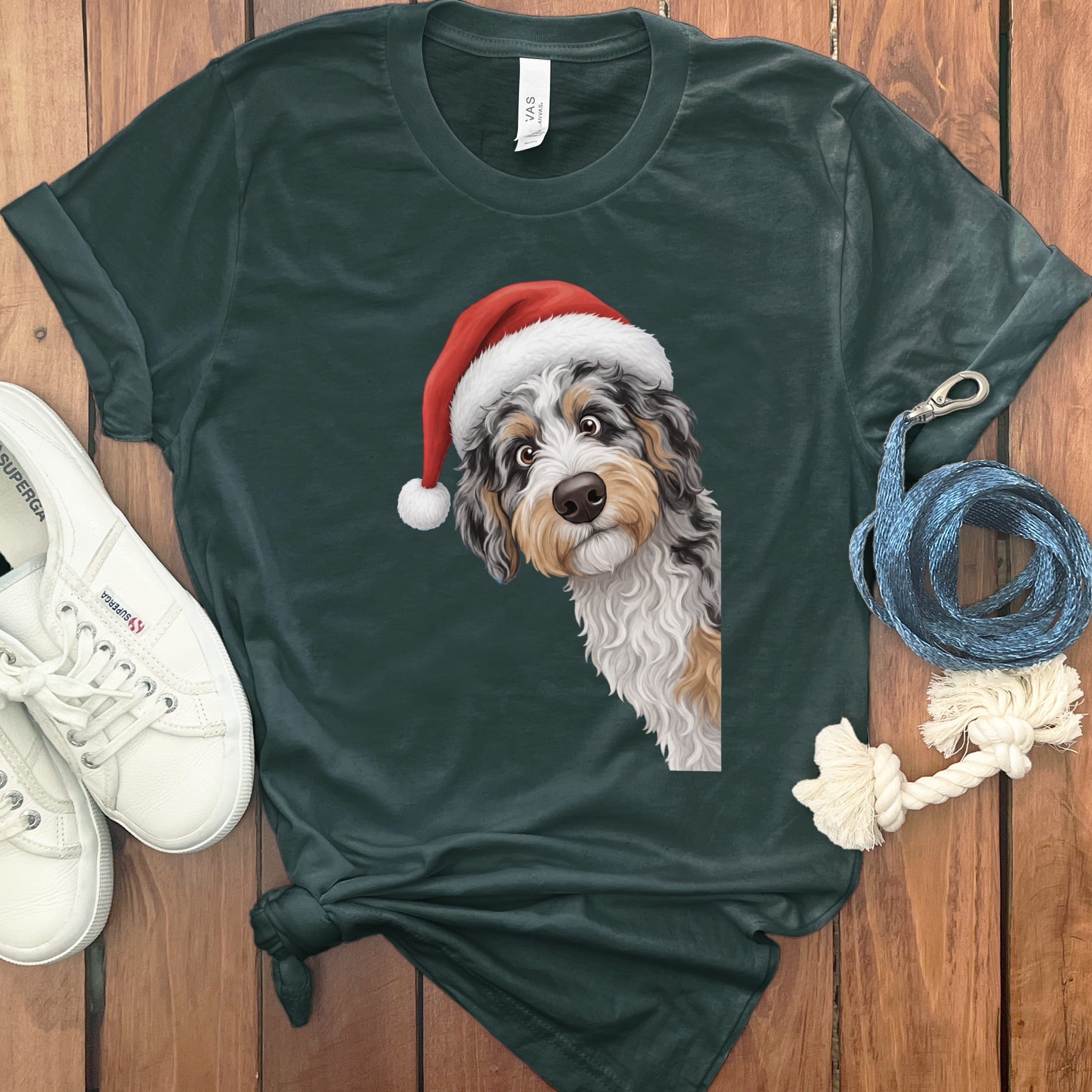Phantom Goldendoodle Holiday Santa T-Shirt in Forest / S by Puppy Jo