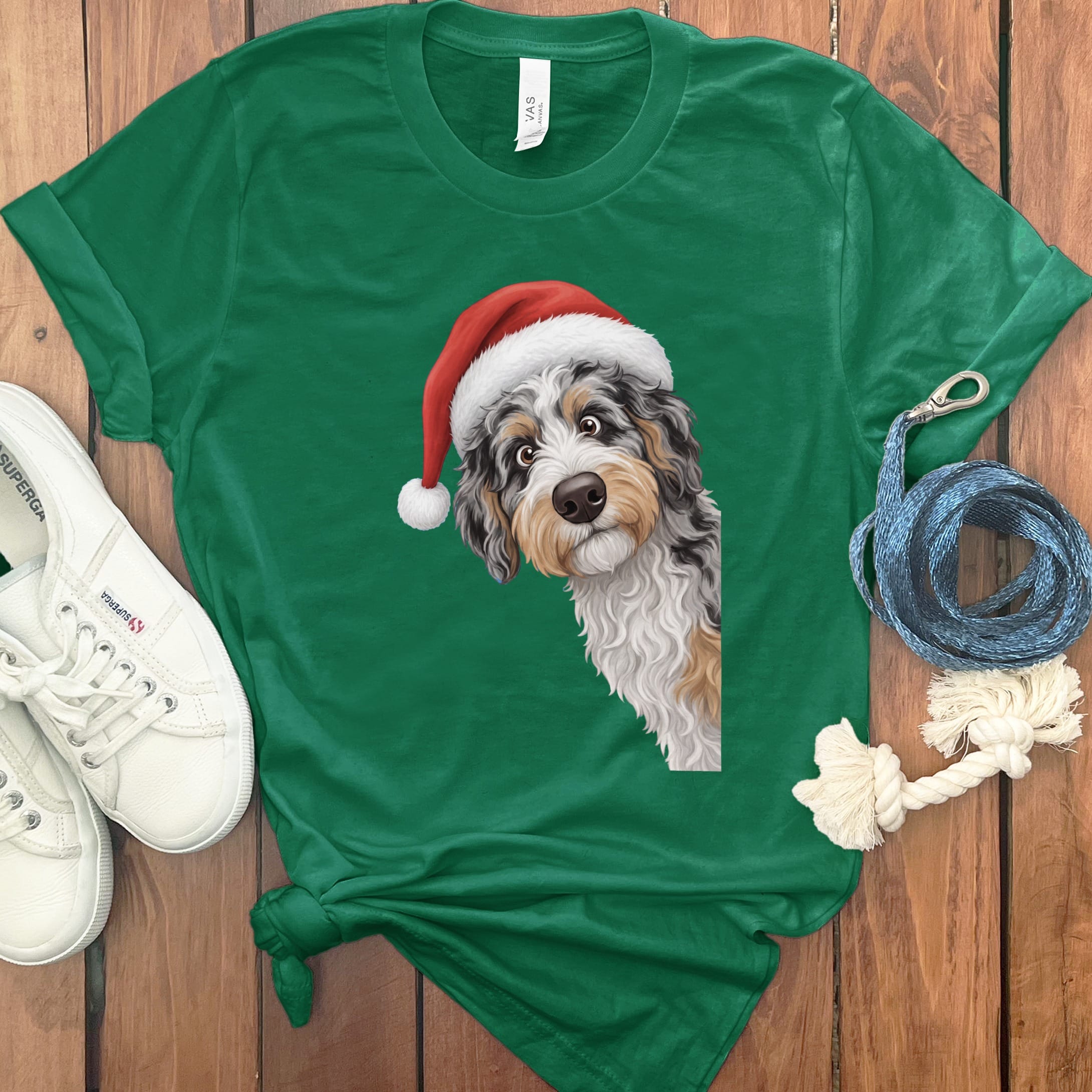 Phantom Goldendoodle Holiday Santa T-Shirt in Kelly / S by Puppy Jo