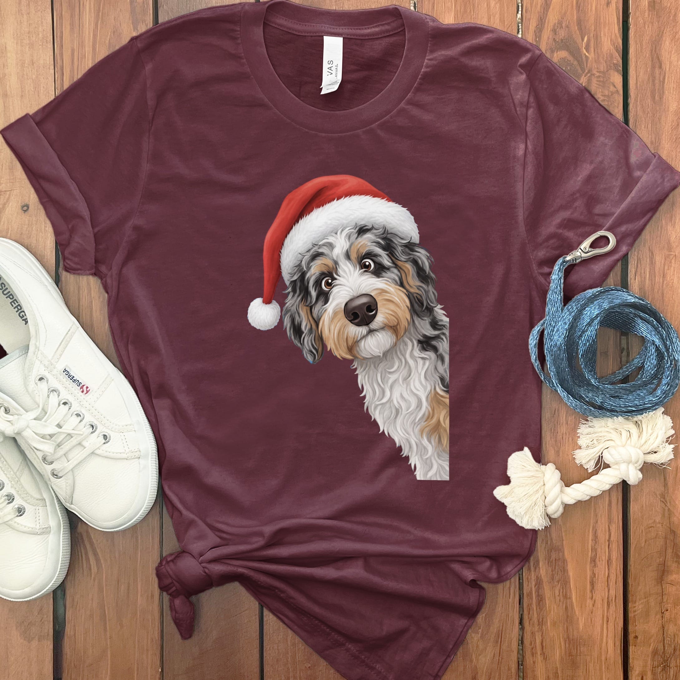 Phantom Goldendoodle Holiday Santa T-Shirt in Maroon / S by Puppy Jo