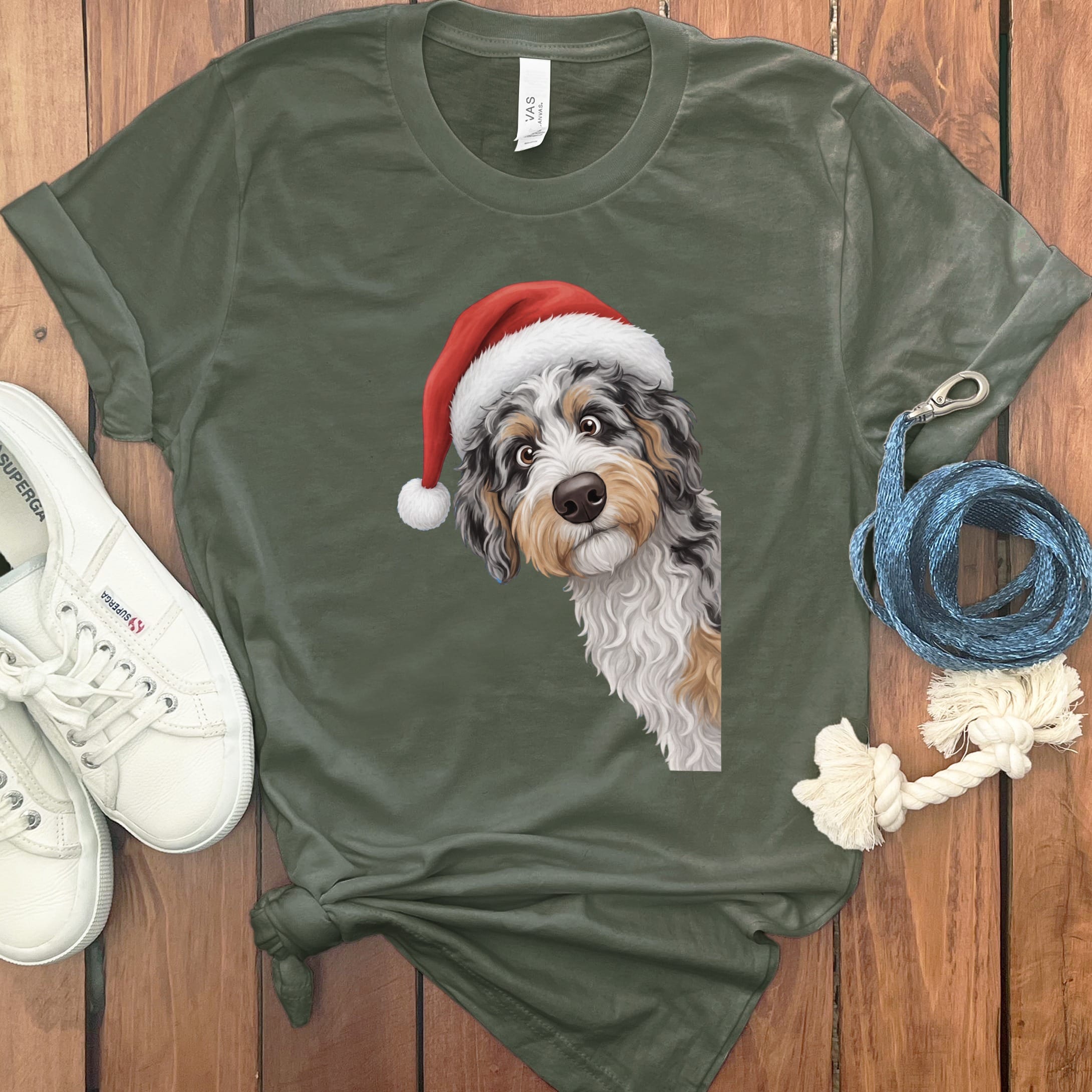 Phantom Goldendoodle Holiday Santa T-Shirt in Military Green / S by Puppy Jo