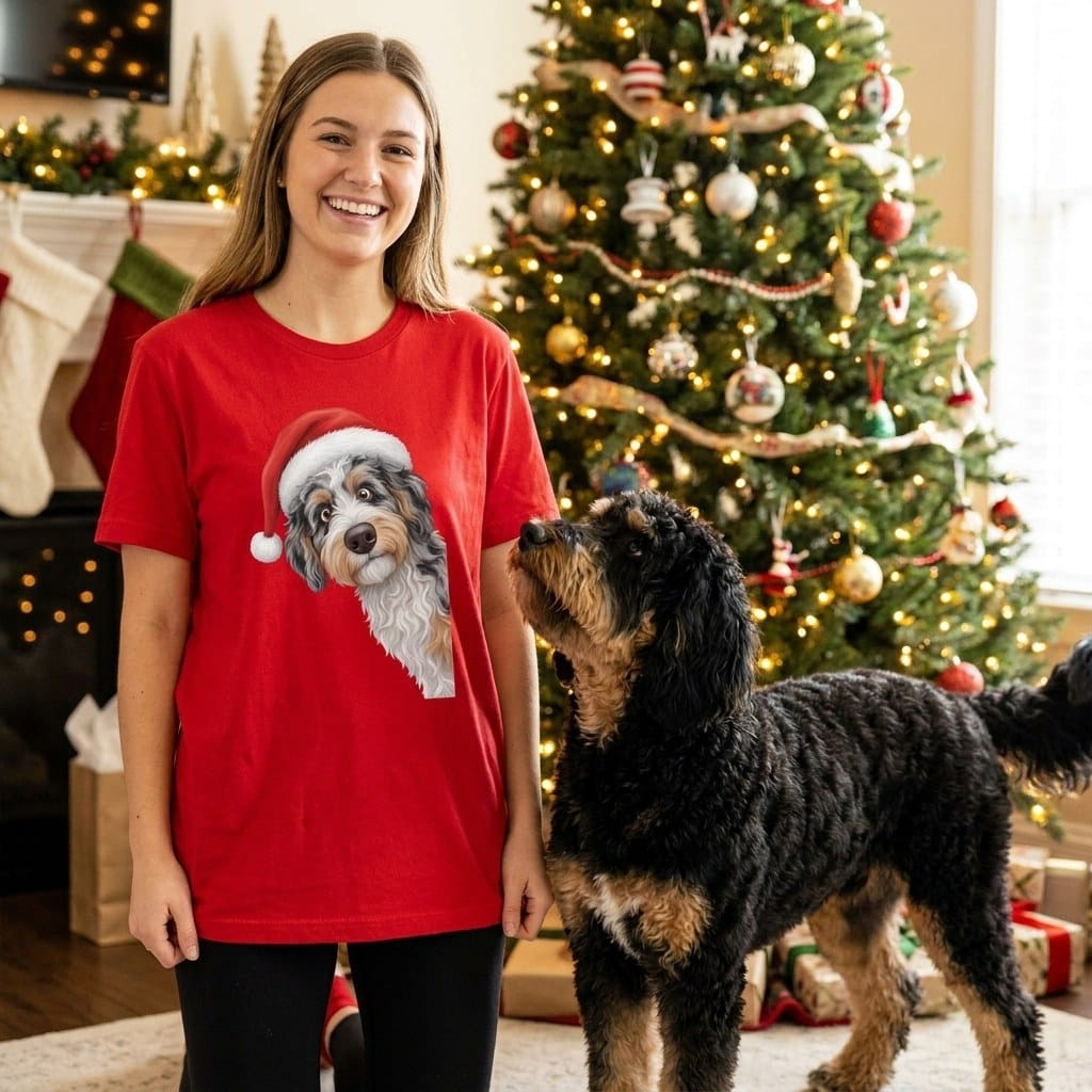 Phantom Goldendoodle Holiday Santa T-Shirt in by Puppy Jo