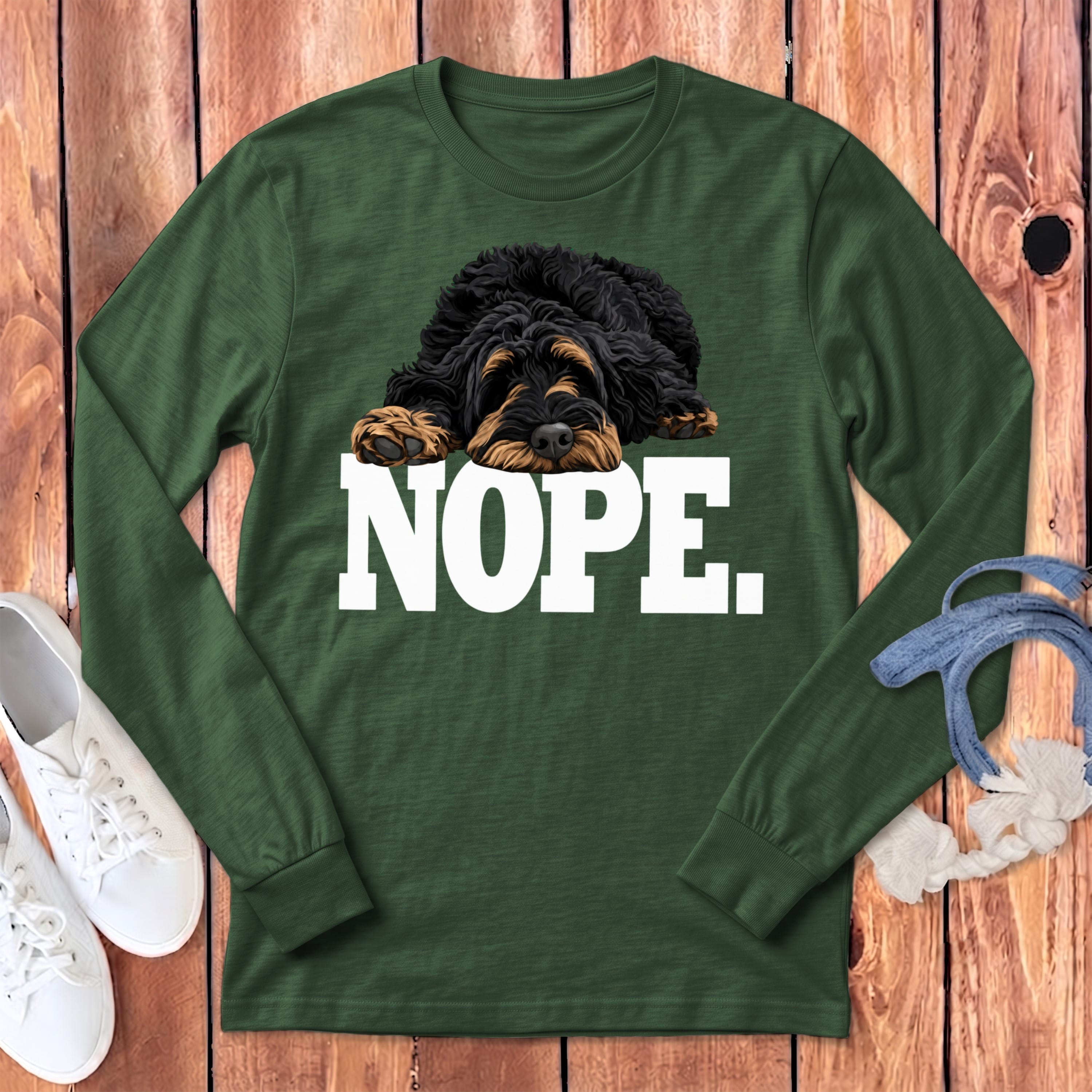 Phantom Goldendoodle Labradoodle Nope Long Sleeve T-Shirt in Heather Forest / S by Puppy Jo