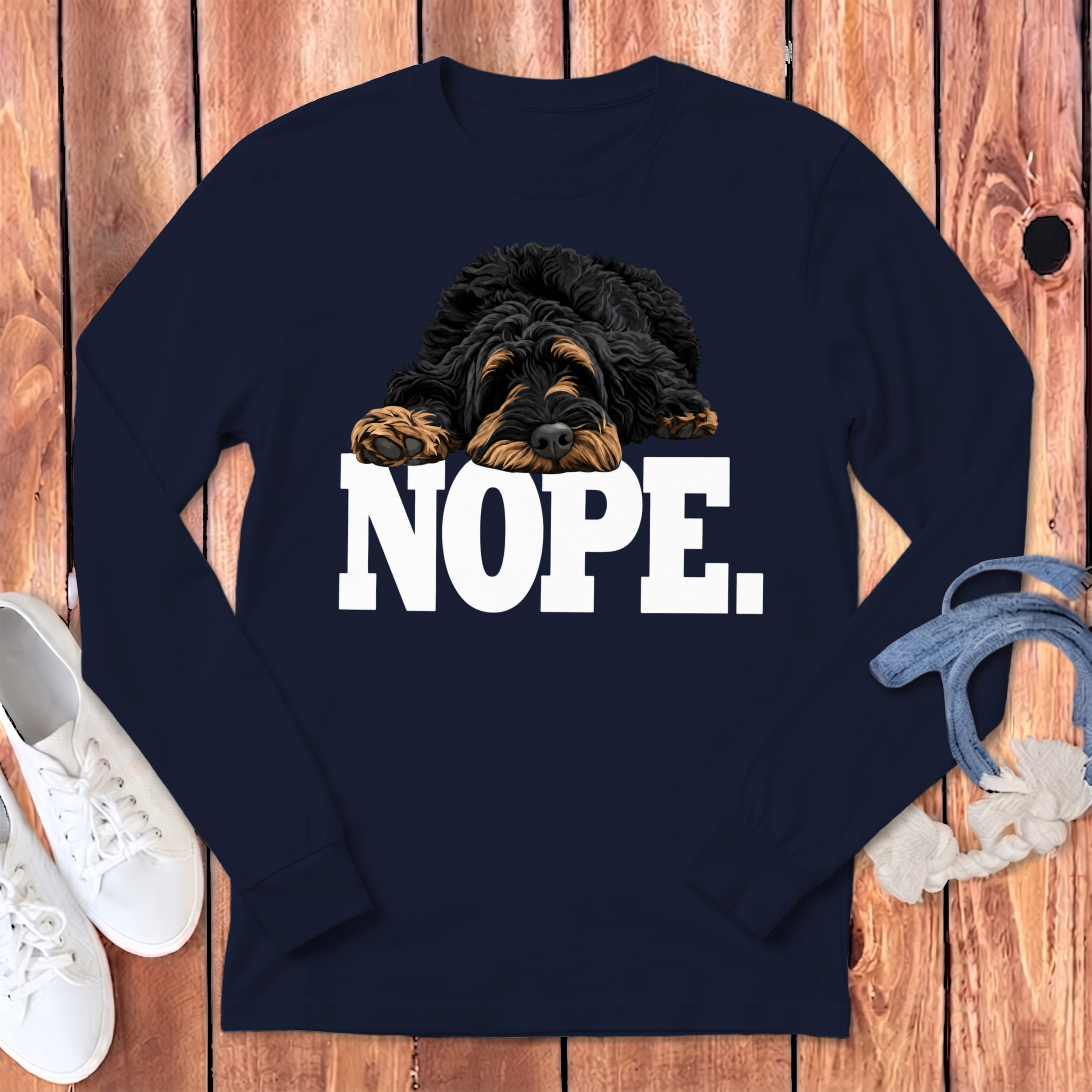Phantom Goldendoodle Labradoodle Nope Long Sleeve T-Shirt in Navy / S by Puppy Jo