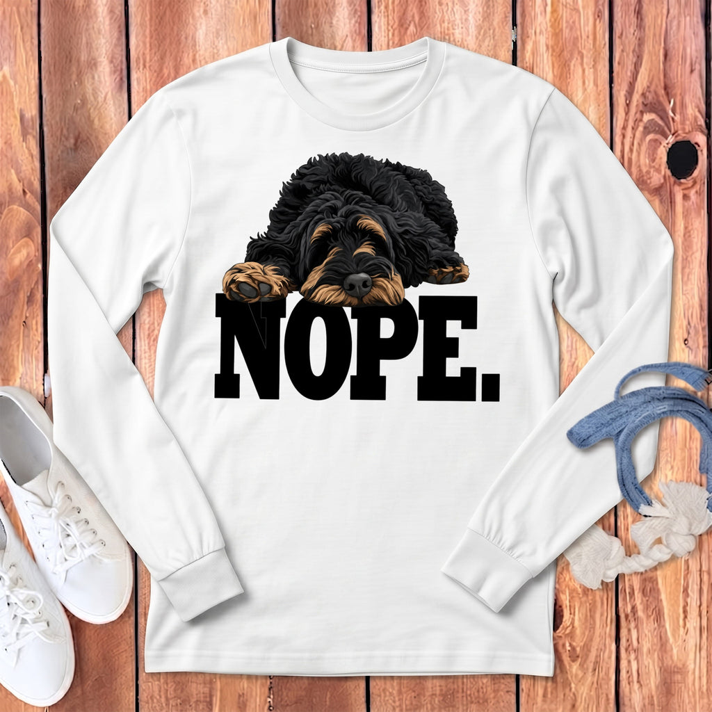 Phantom Goldendoodle Labradoodle Nope Long Sleeve T-Shirt in White / S by Puppy Jo