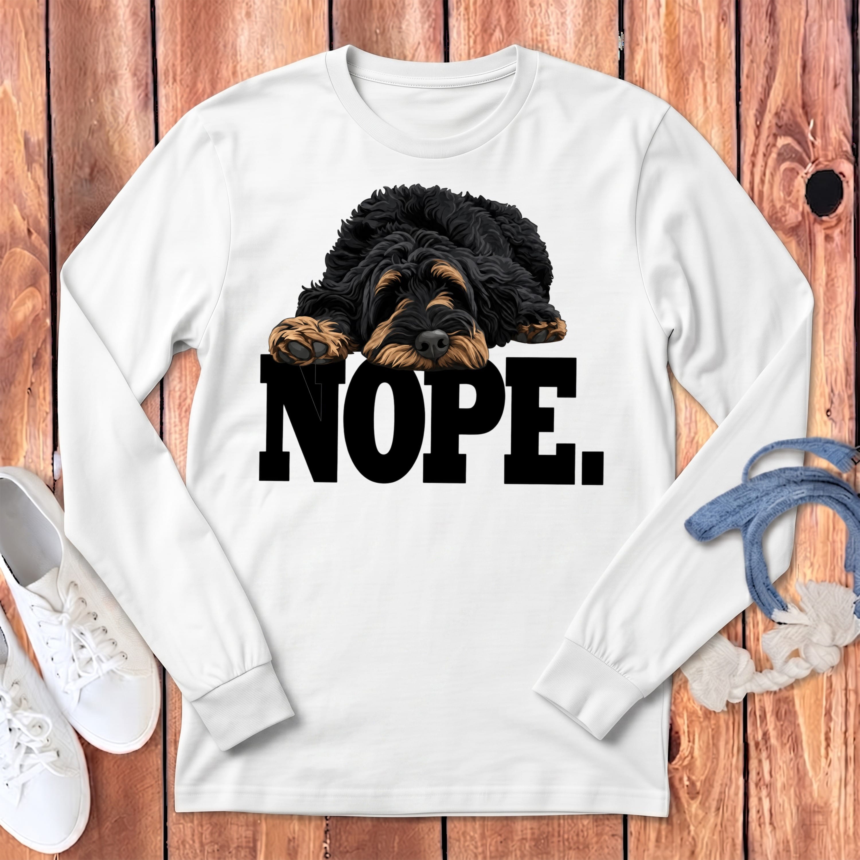 Phantom Goldendoodle Labradoodle Nope Long Sleeve T-Shirt in White / S by Puppy Jo