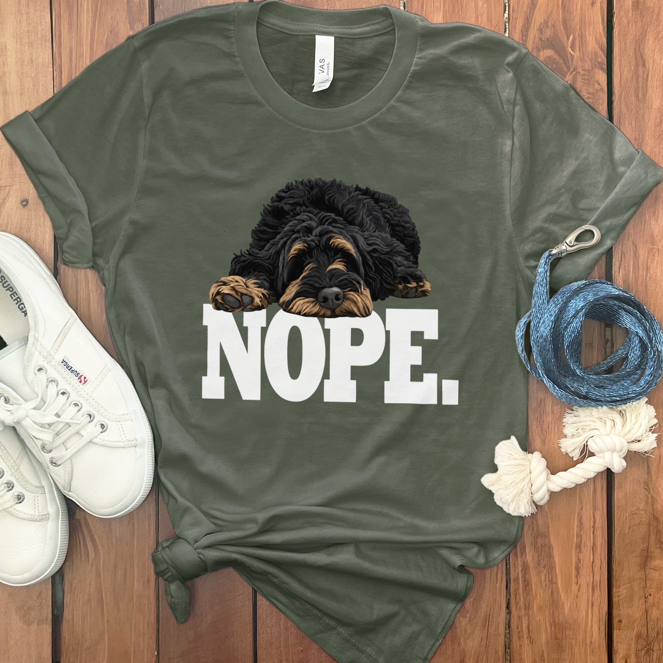 Phantom Goldendoodle Labradoodle Nope T-Shirt in Military Green / S by Puppy Jo
